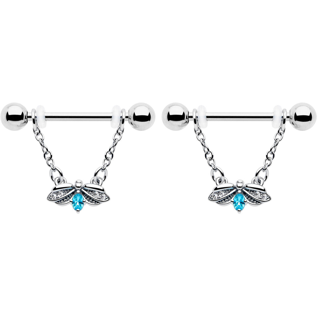 14G 9/16 Blue Gem Beauty Bug Chain Dangle Nipple Ring Set
