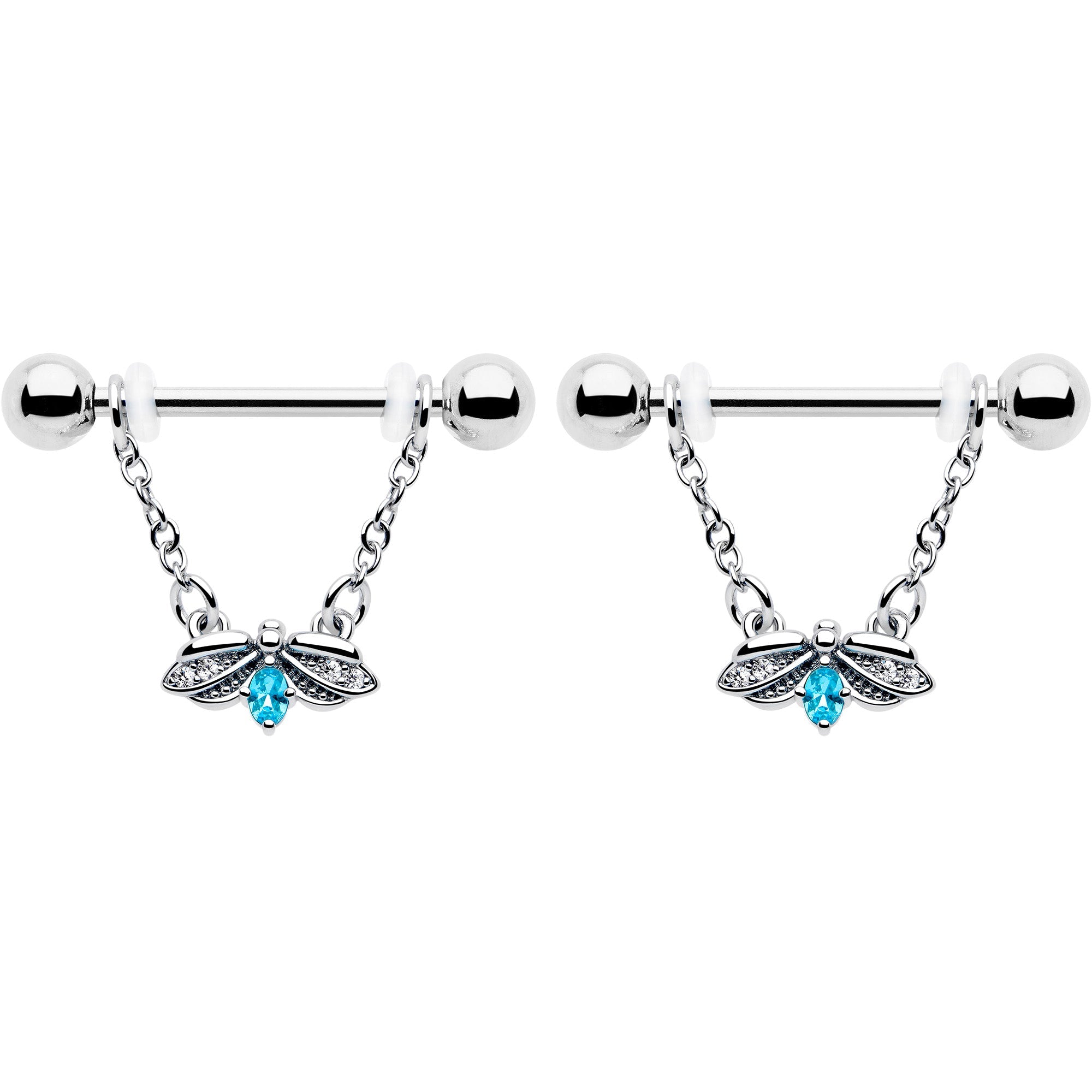 14G 9/16 Blue Gem Beauty Bug Chain Dangle Nipple Ring Set