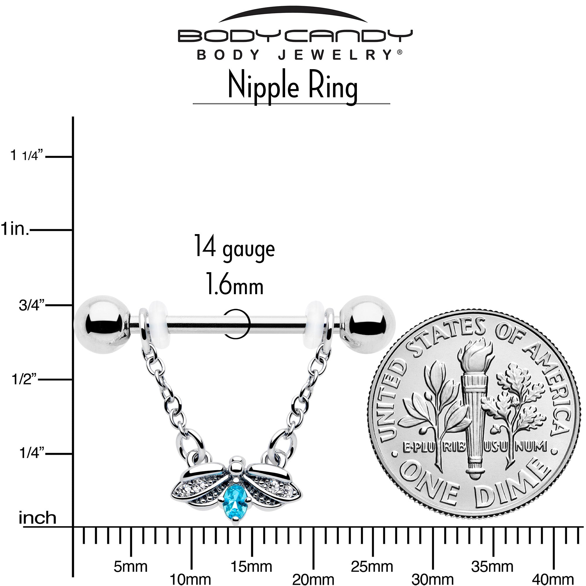 14G 9/16 Blue Gem Beauty Bug Chain Dangle Nipple Ring Set