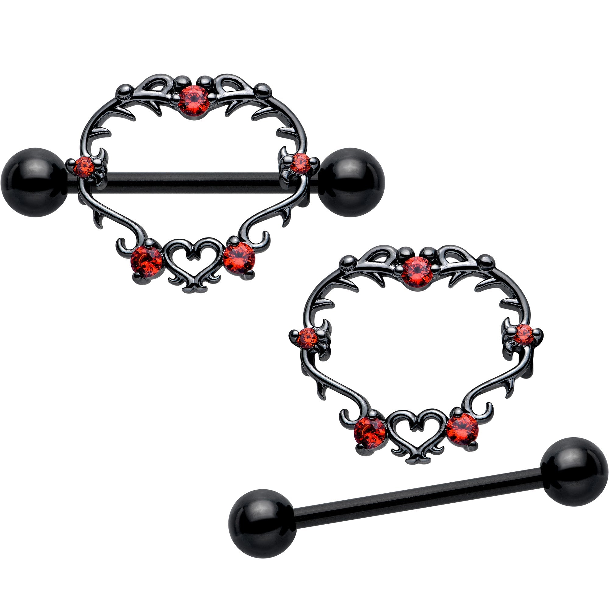 14G 9/16 Red CZ Gem Black Leafy Heart Nipple Shield Set