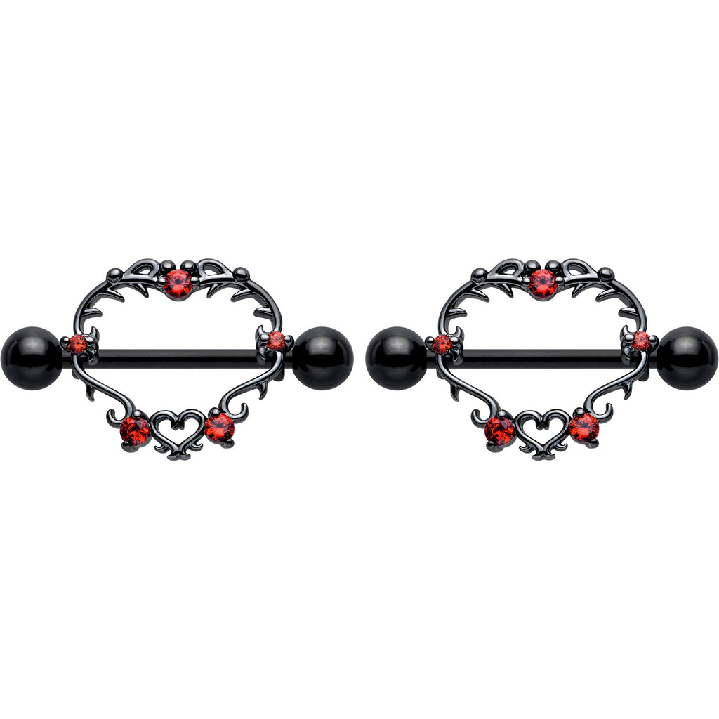14G 9/16 Red CZ Gem Black Leafy Heart Nipple Shield Set