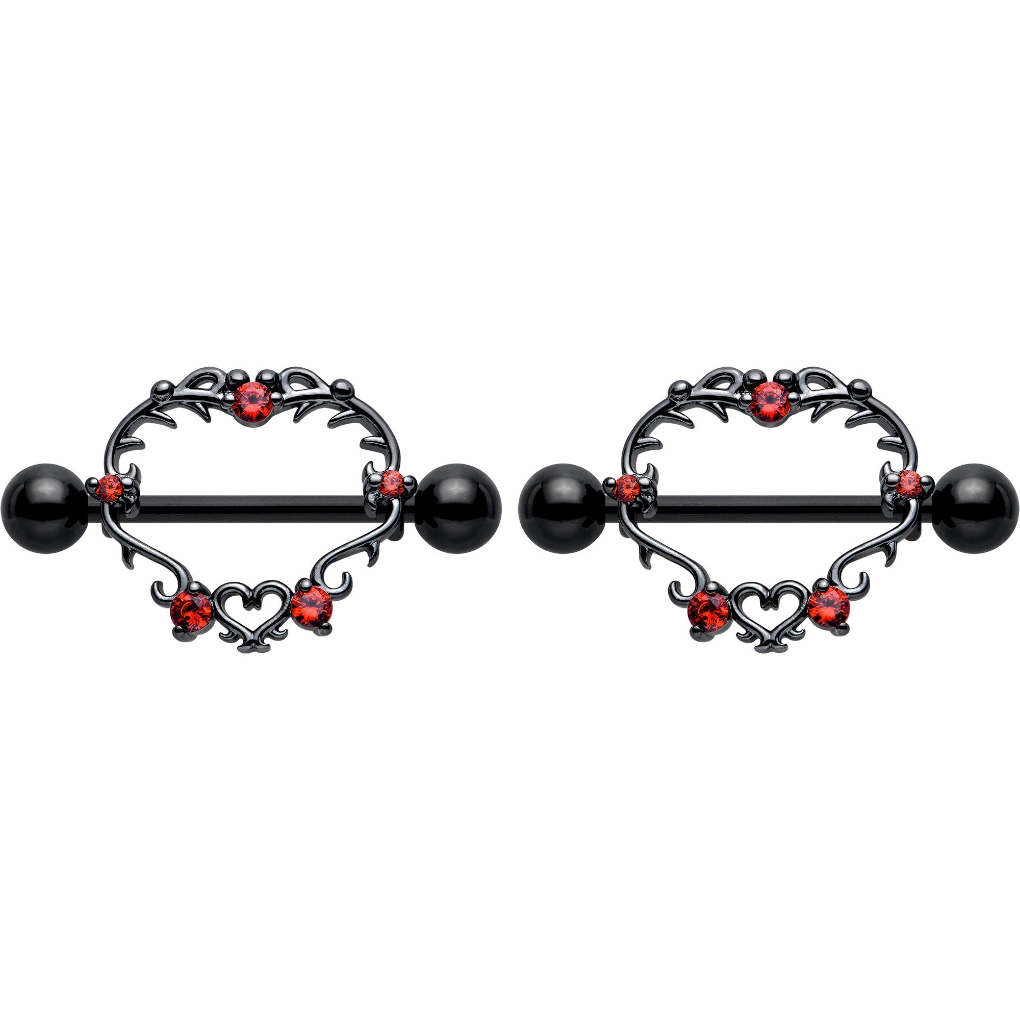 14G 9/16 Red CZ Gem Black Leafy Heart Nipple Shield Set