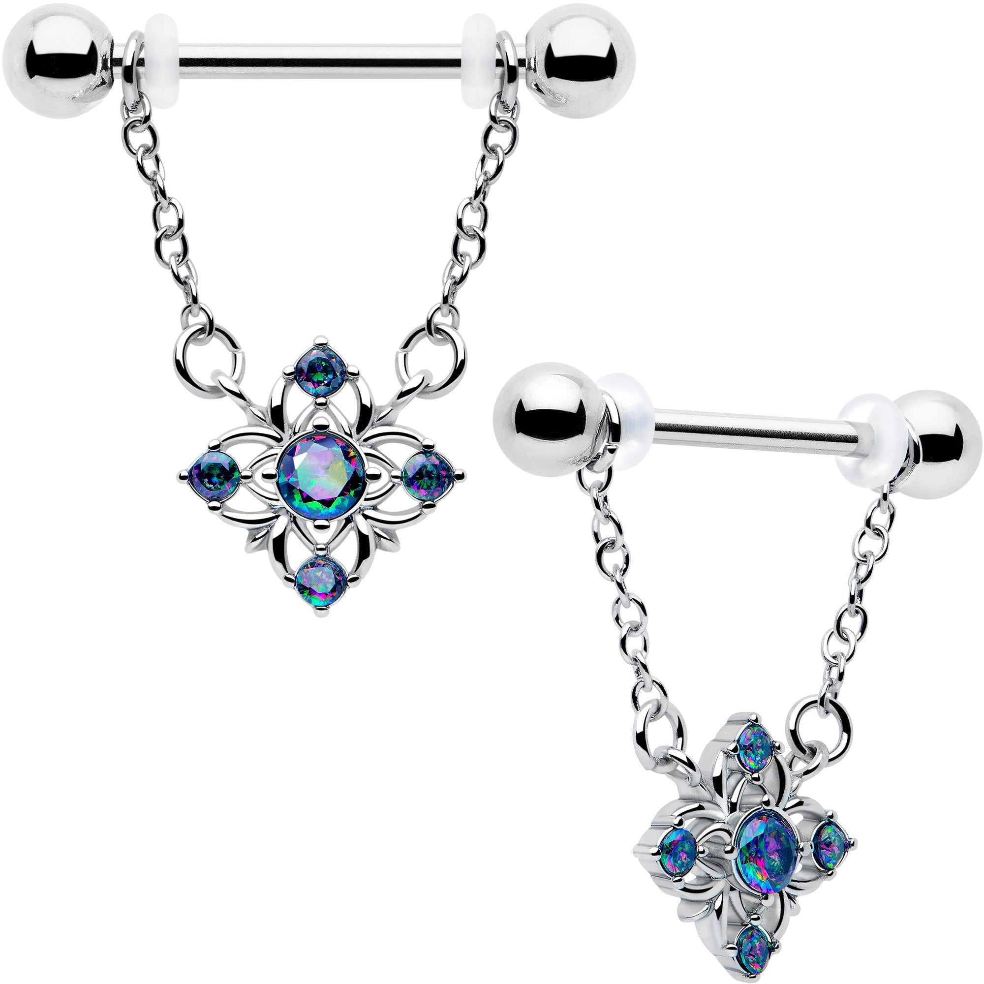 14G 9/16 Vitrail CZ Gem Beauty Cross Chain Dangle Nipple Ring Set