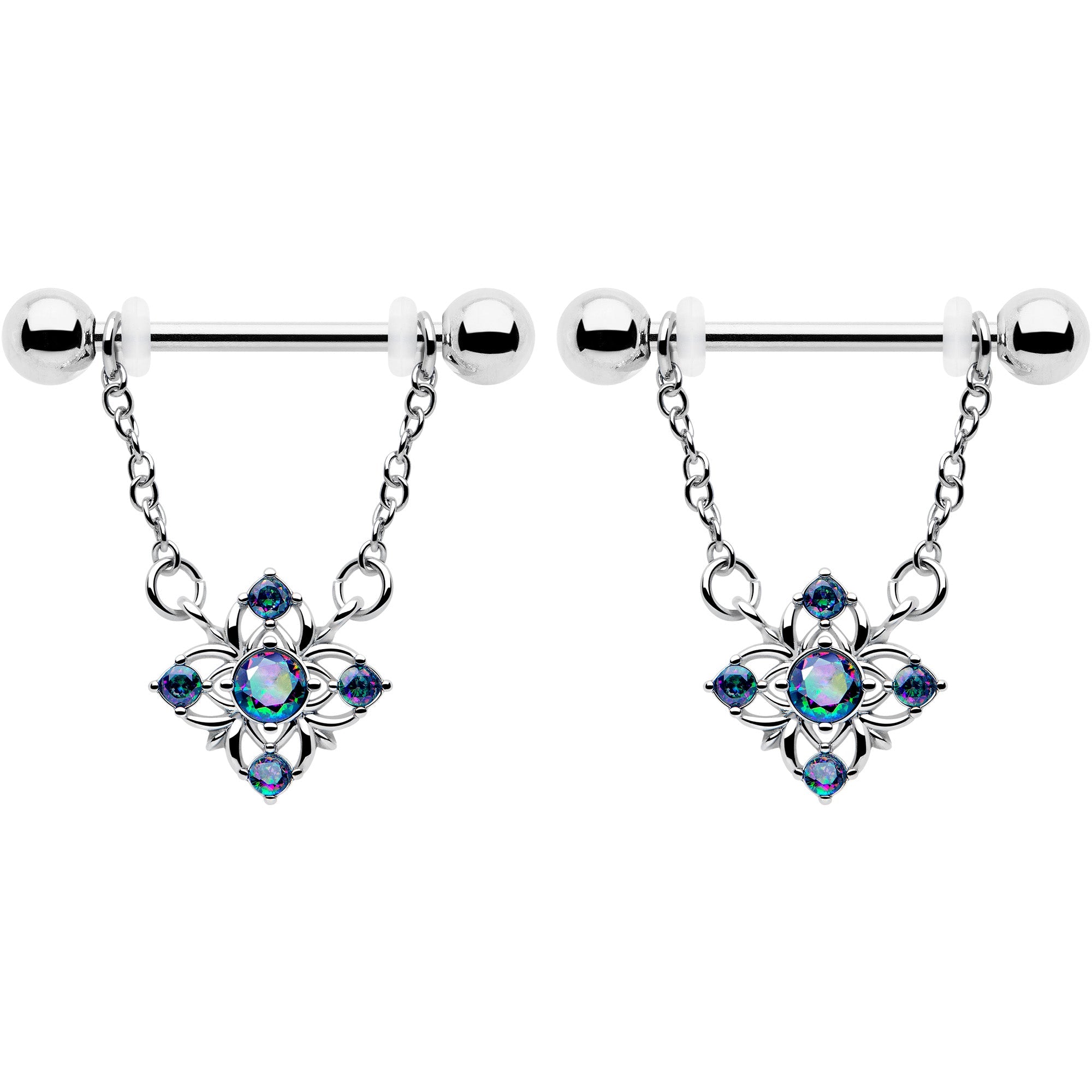 14G 9/16 Vitrail CZ Gem Beauty Cross Chain Dangle Nipple Ring Set