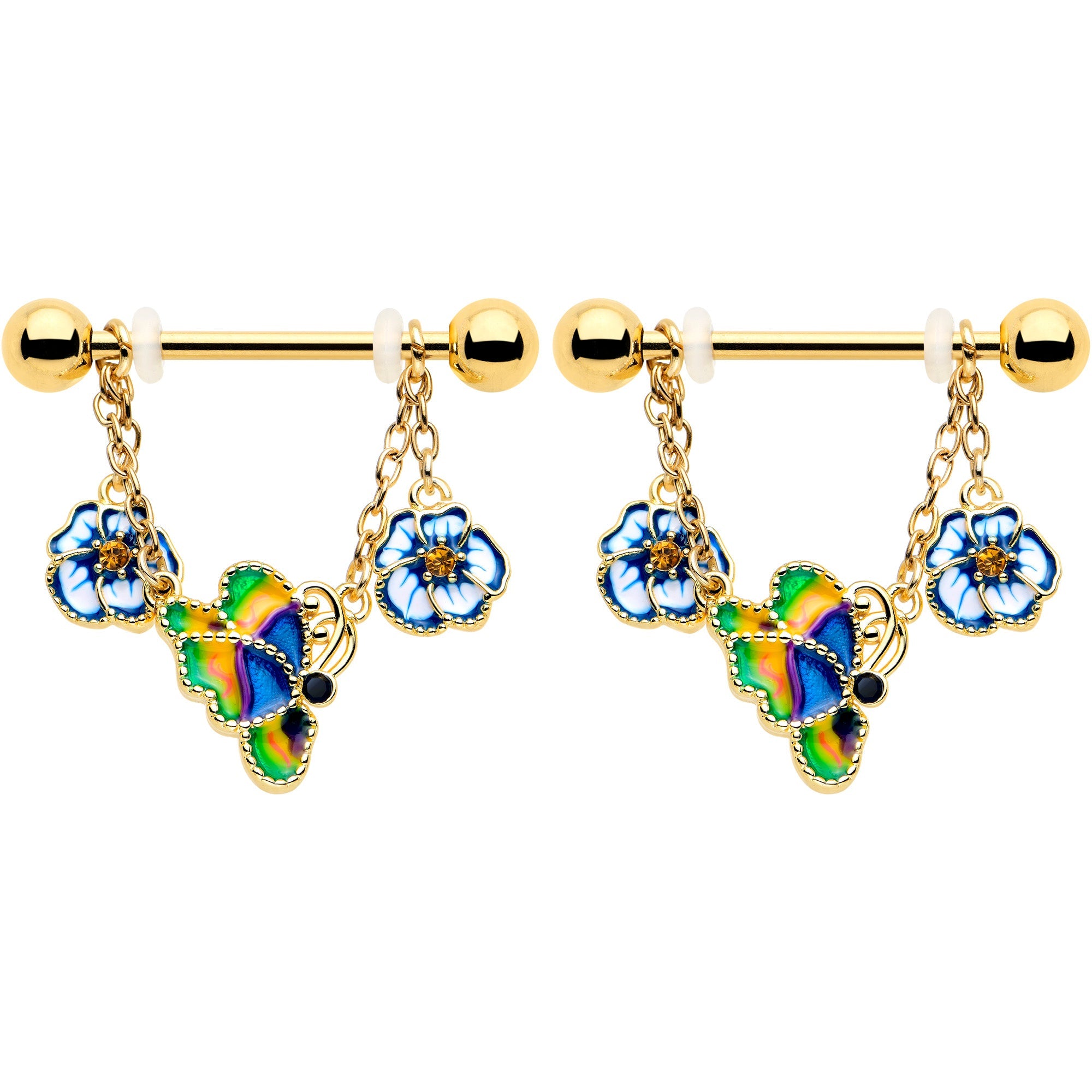 14G 9/16 Yellow Gem Gold Tone Butterfly Colors Dangle Nipple Ring Set