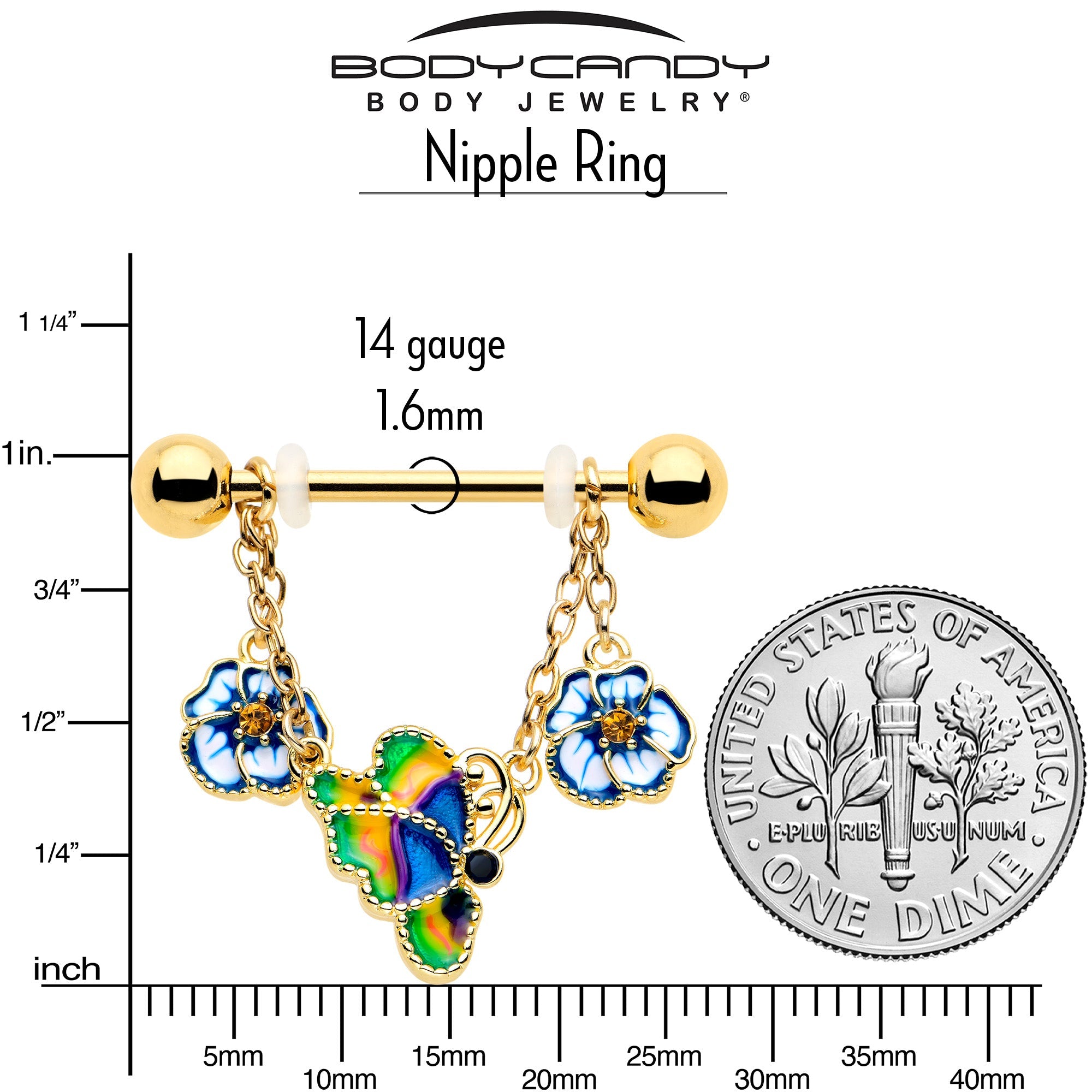 14G 9/16 Yellow Gem Gold Tone Butterfly Colors Dangle Nipple Ring Set