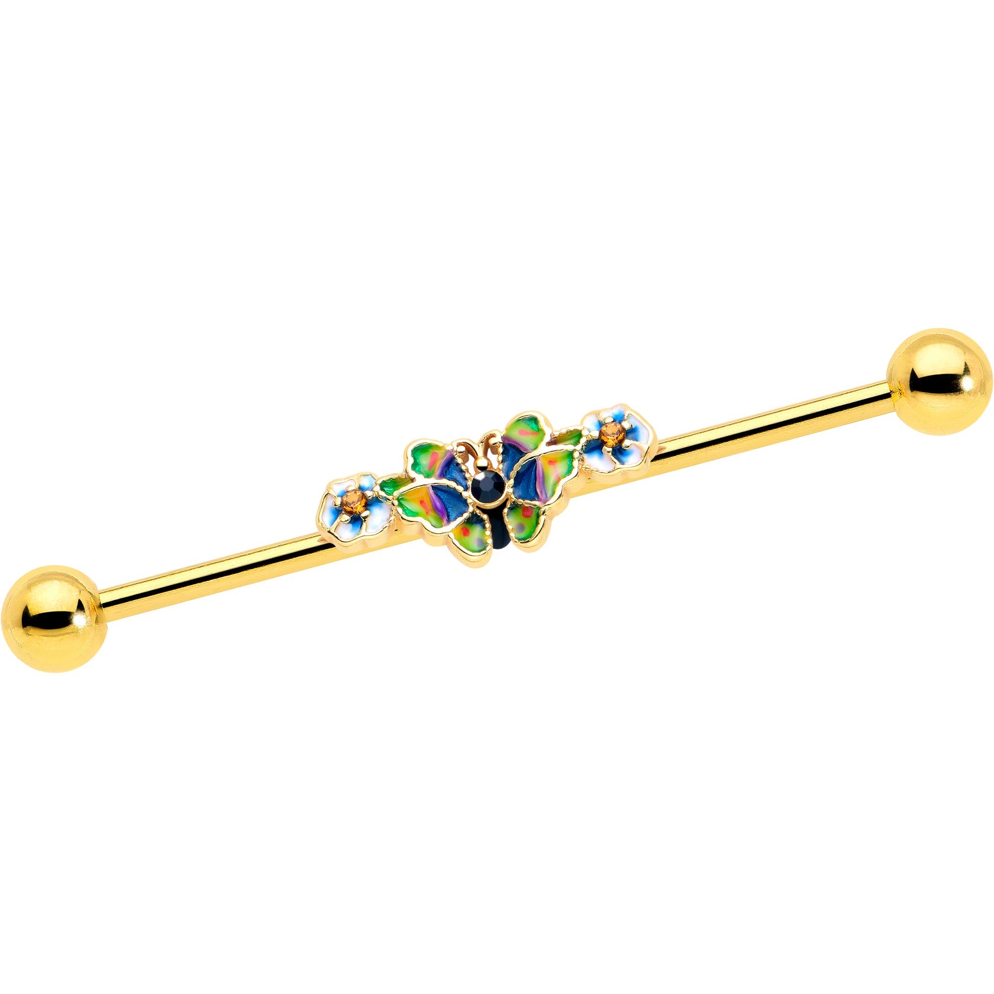 14G Blue Gem Gold Tone Butterfly Colors Industrial Barbell 38mm