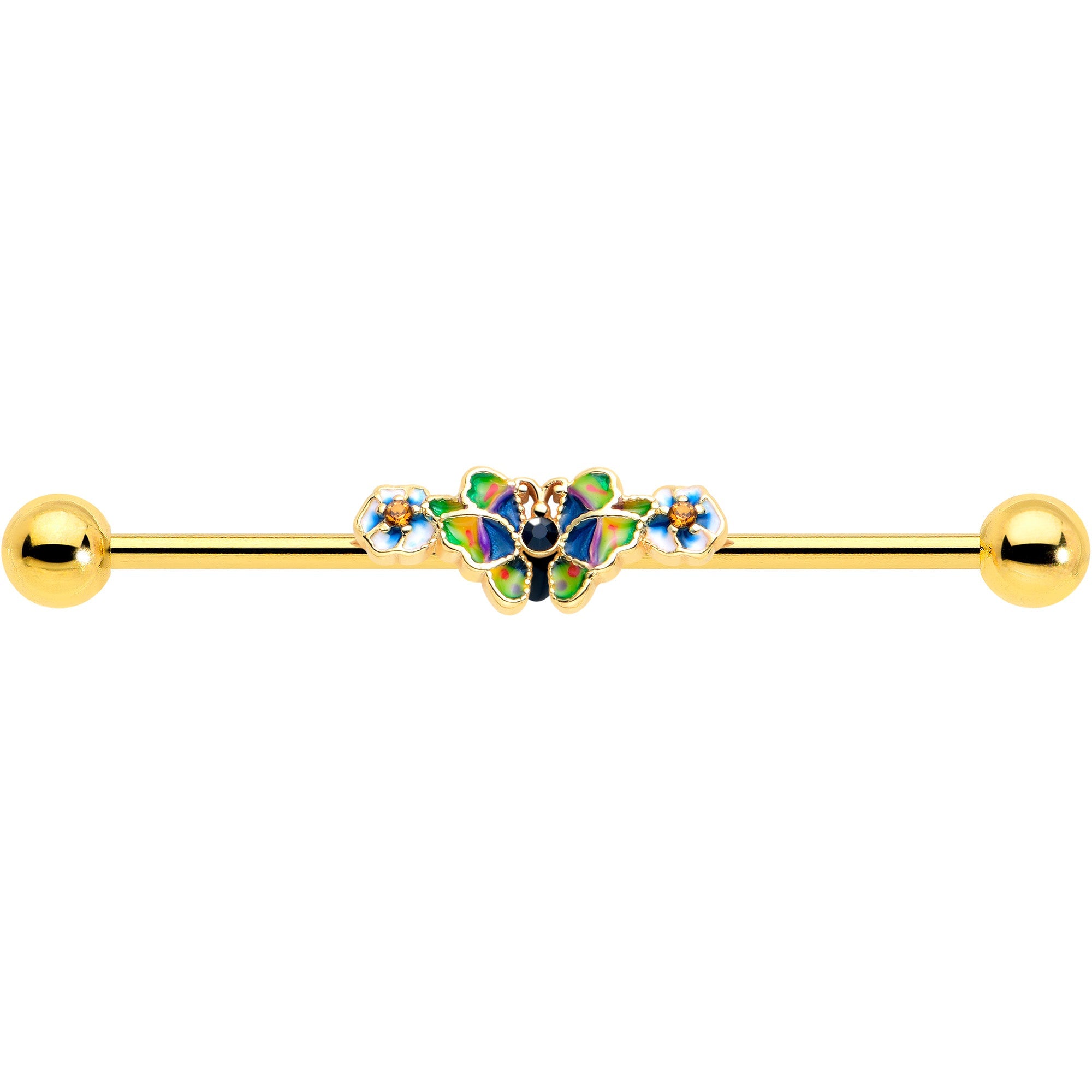 14G Blue Gem Gold Tone Butterfly Colors Industrial Barbell 38mm
