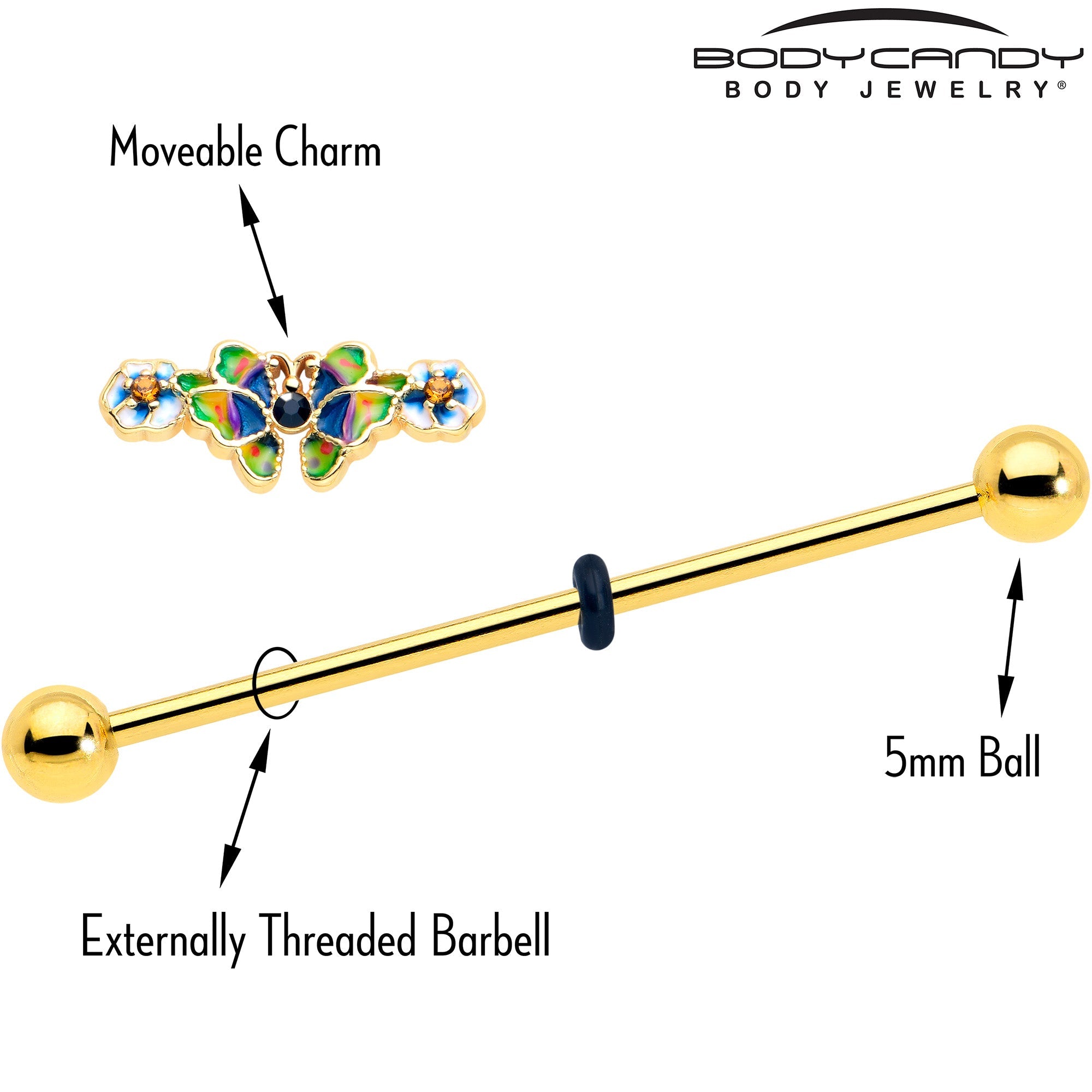 14G Blue Gem Gold Tone Butterfly Colors Industrial Barbell 38mm