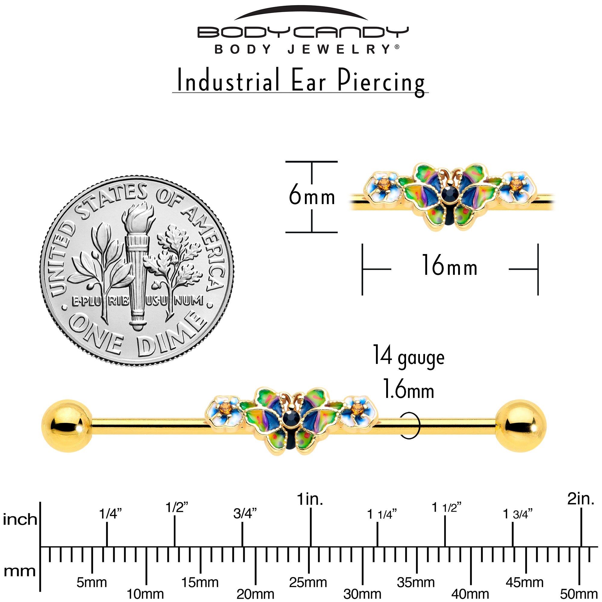 14G Blue Gem Gold Tone Butterfly Colors Industrial Barbell 38mm