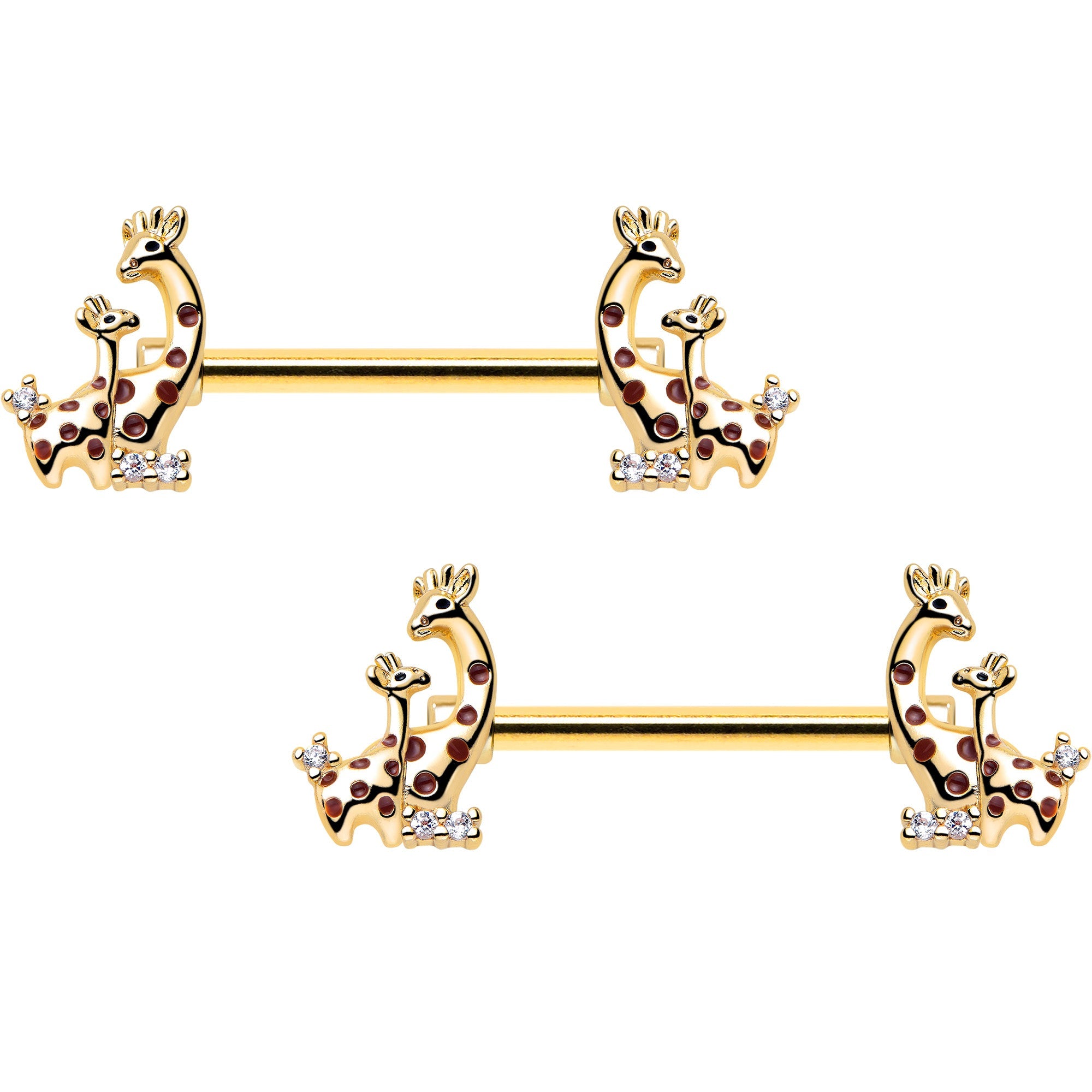 14G 9/16 Clear CZ Gem Gold Tone Mom Baby Giraffes Nipple Ring Set