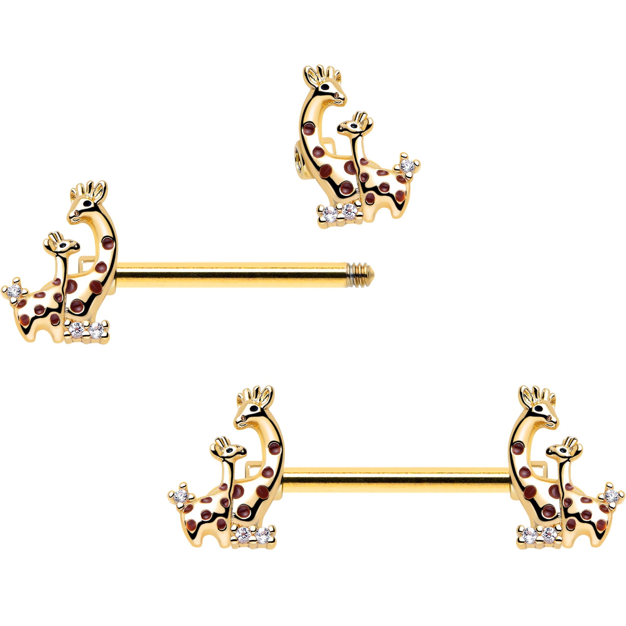 14G 9/16 Clear CZ Gem Gold Tone Mom Baby Giraffes Nipple Ring Set