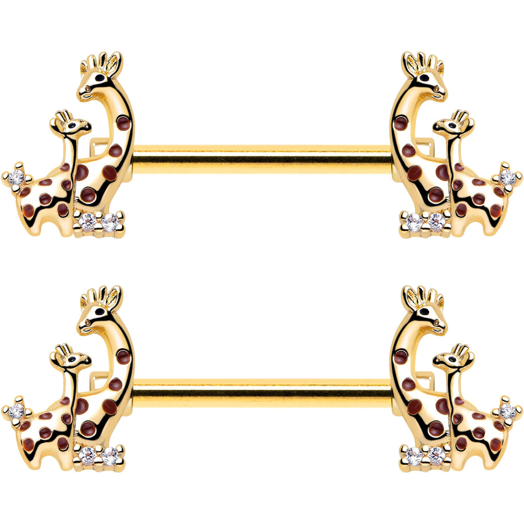 14G 9/16 Clear CZ Gem Gold Tone Mom Baby Giraffes Nipple Ring Set