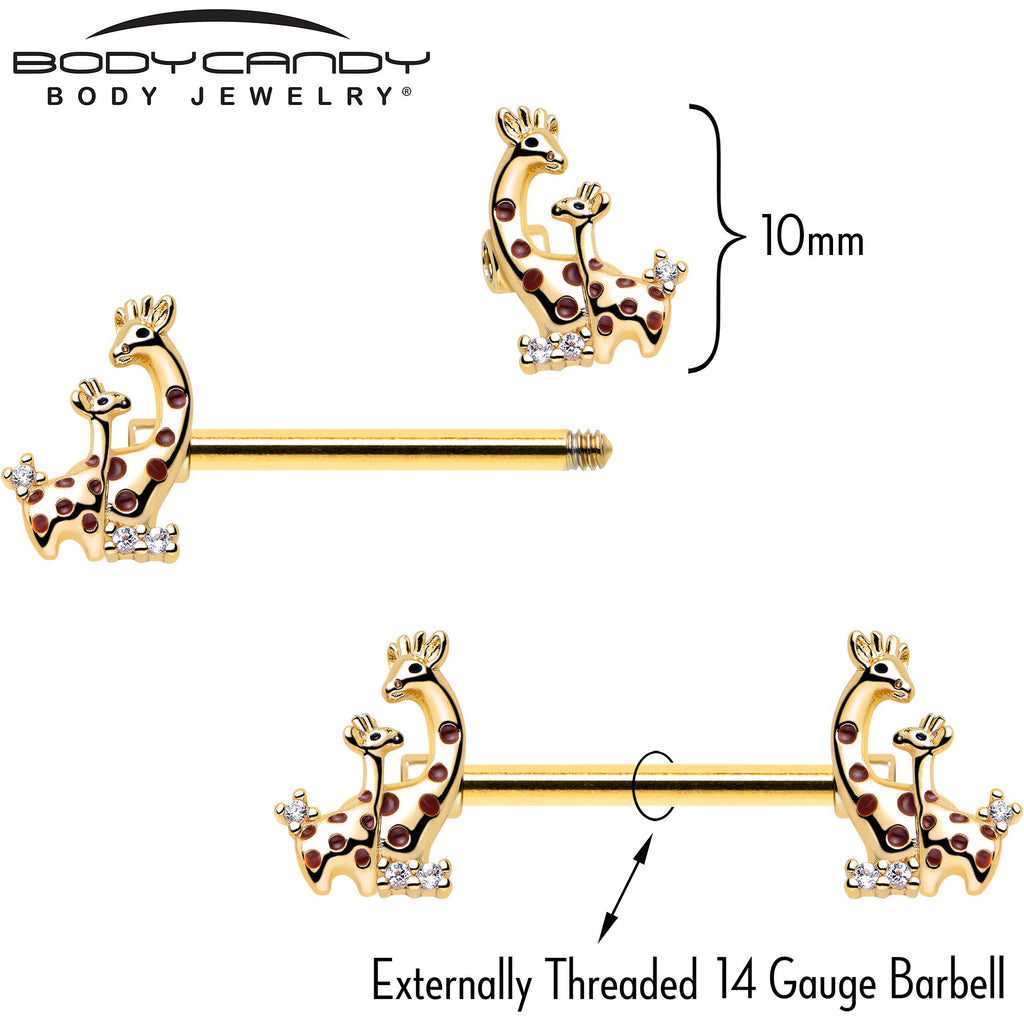 14G 9/16 Clear CZ Gem Gold Tone Mom Baby Giraffes Nipple Ring Set