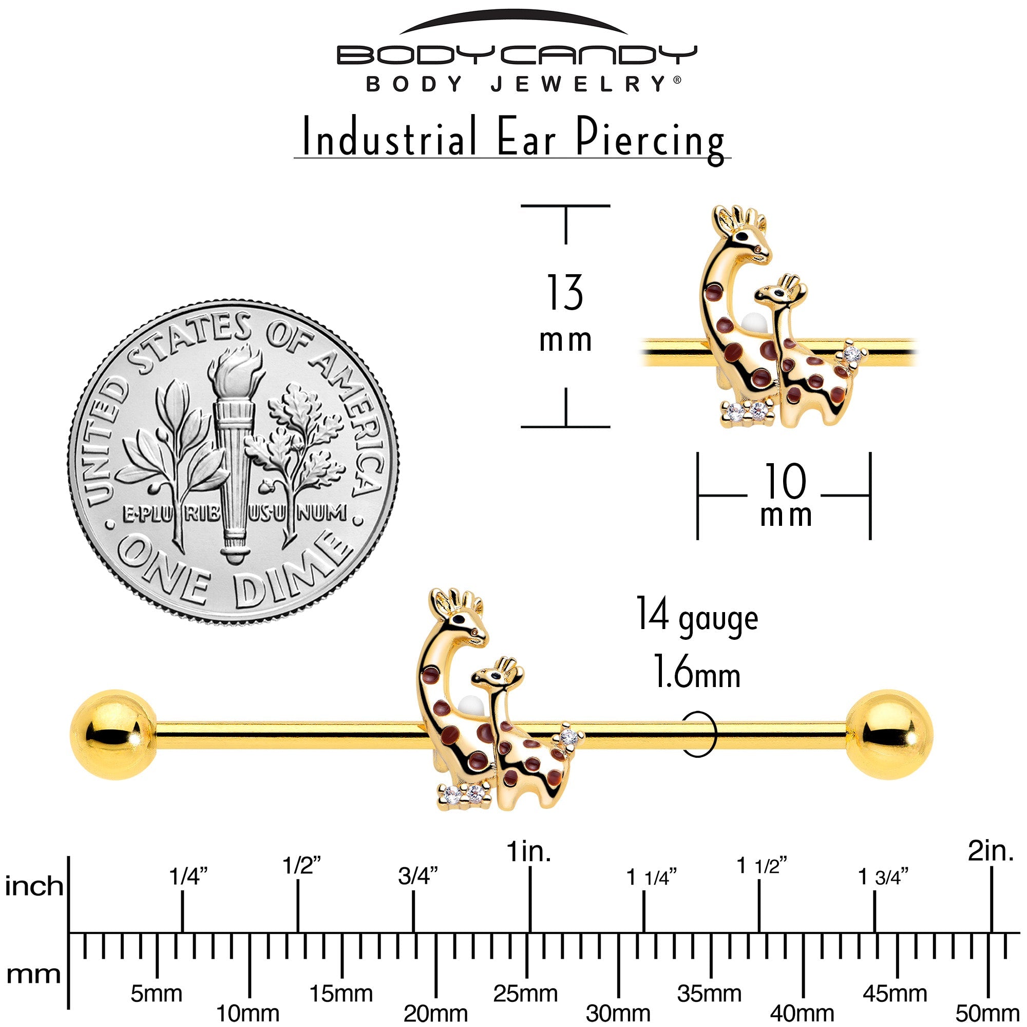 14G Clear CZ Gem Gold Tone Mom Baby Giraffe Industrial Barbell 38mm