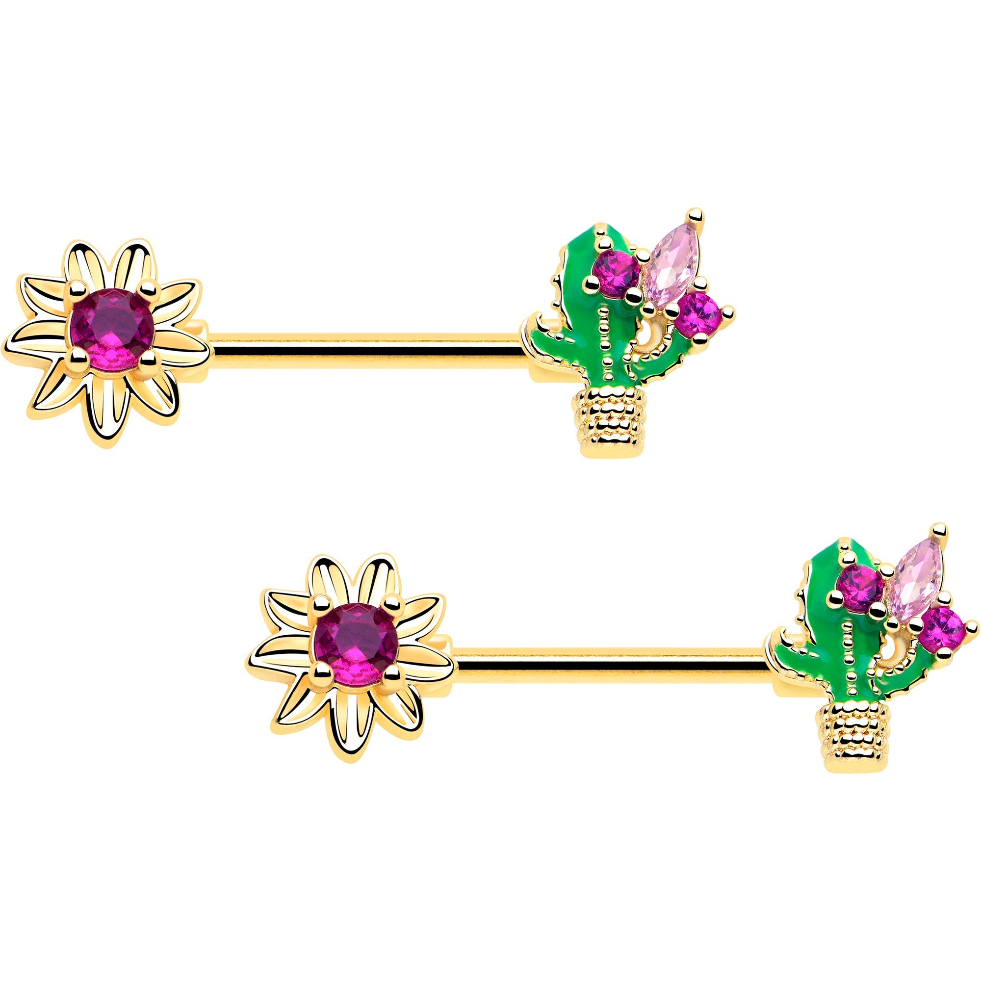 14G 9/16 Pink CZ Gem Gold Tone Floral Cactus Barbell Nipple Ring Set