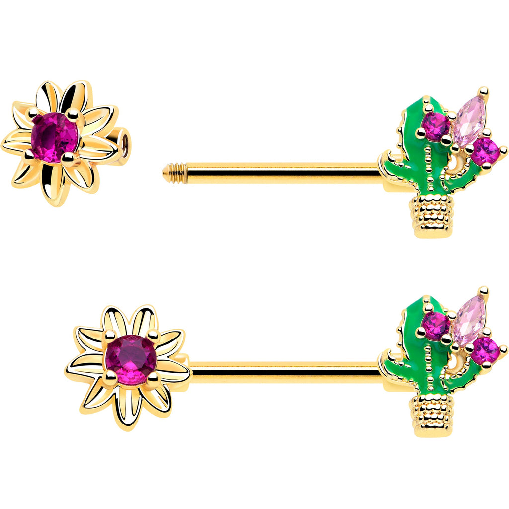 14G 9/16 Pink CZ Gem Gold Tone Floral Cactus Barbell Nipple Ring Set
