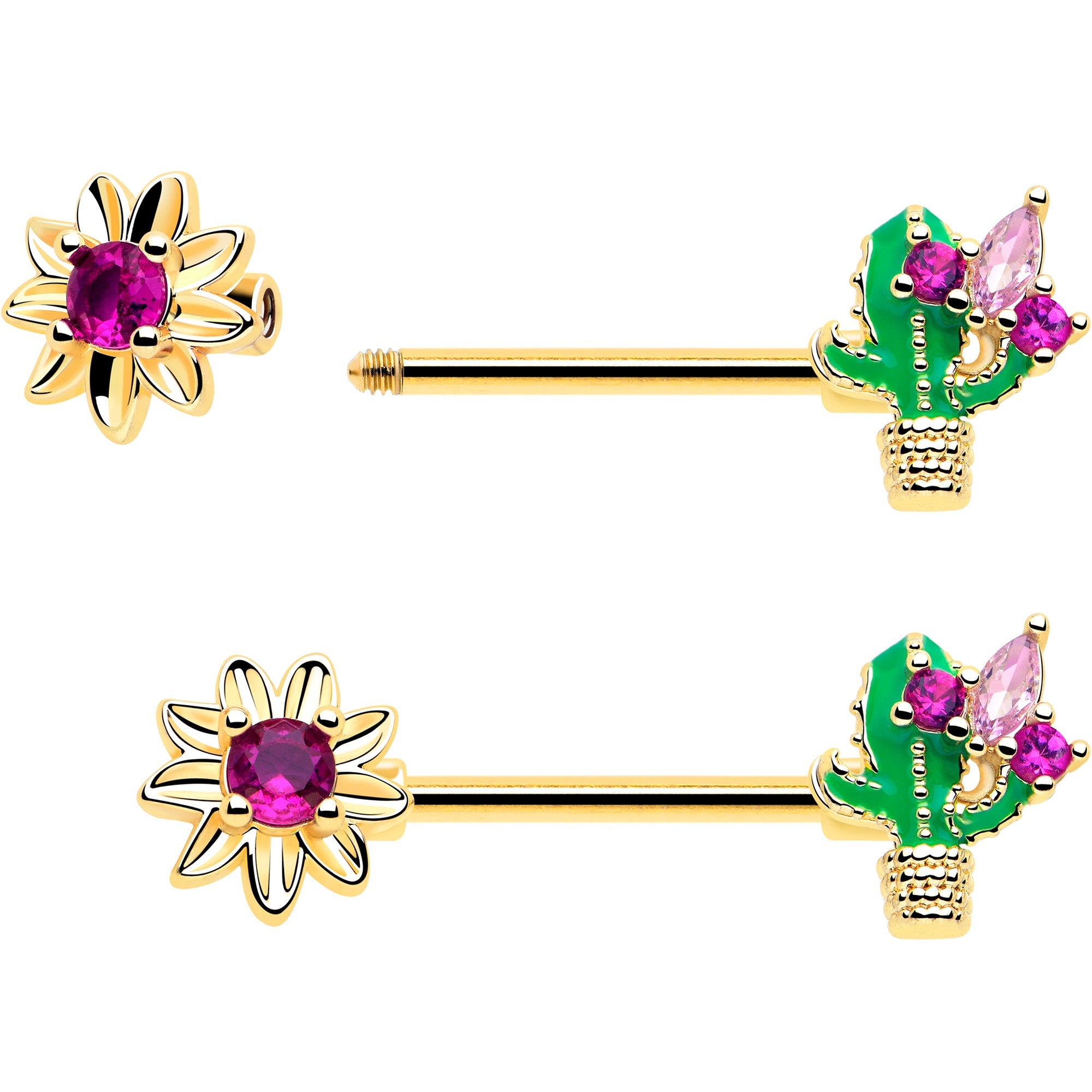 14G 9/16 Pink CZ Gem Gold Tone Floral Cactus Barbell Nipple Ring Set