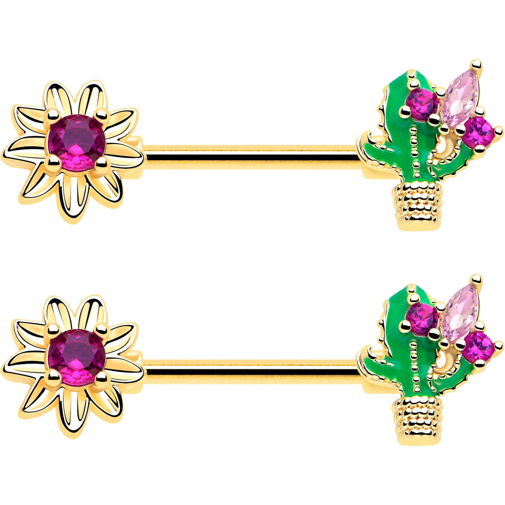 14G 9/16 Pink CZ Gem Gold Tone Floral Cactus Barbell Nipple Ring Set