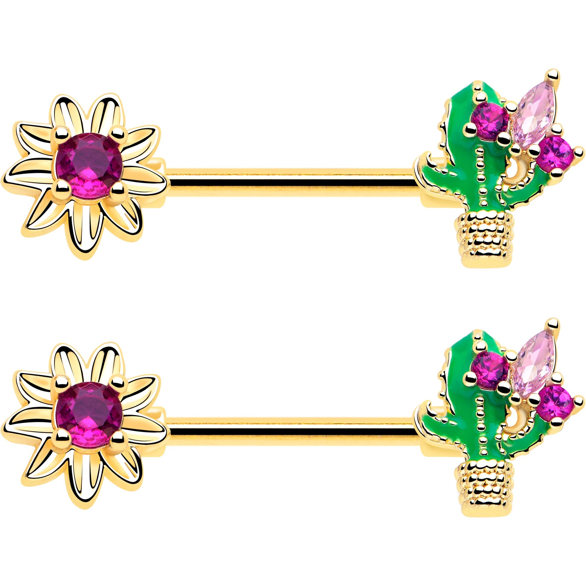 14G 9/16 Pink CZ Gem Gold Tone Floral Cactus Barbell Nipple Ring Set
