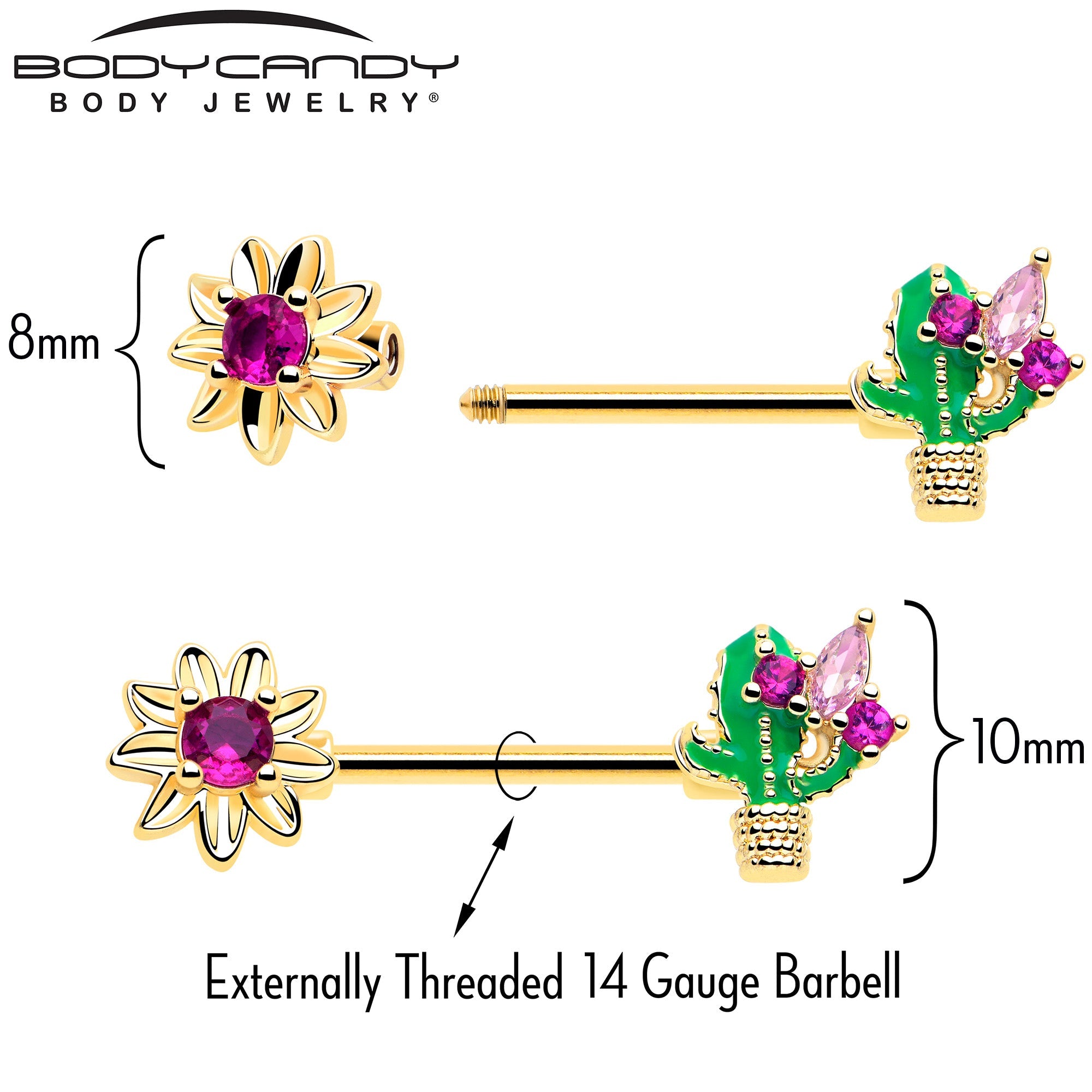 14G 9/16 Pink CZ Gem Gold Tone Floral Cactus Barbell Nipple Ring Set