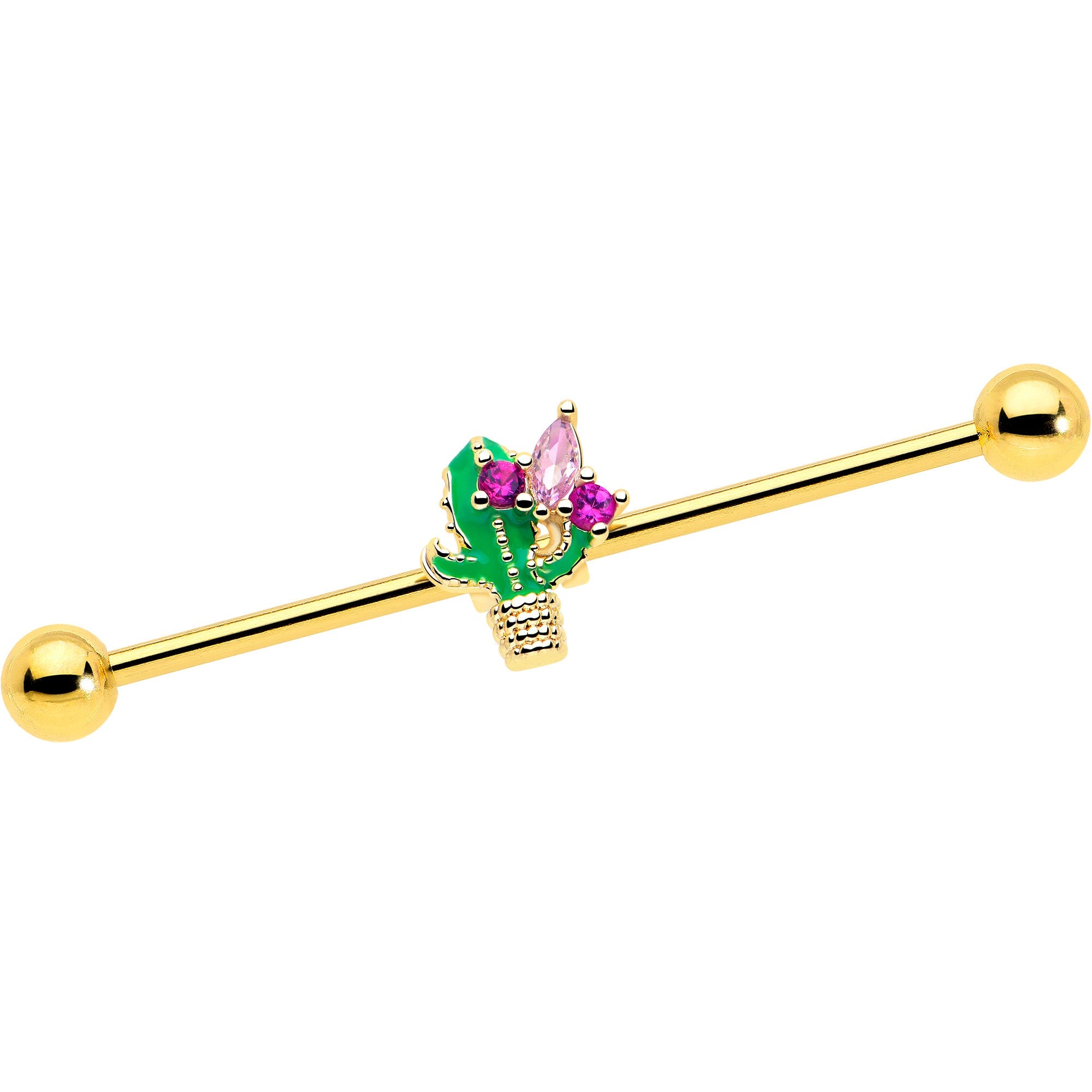 14G Pink CZ Gem Gold Tone Floral Cactus Industrial Barbell 38mm
