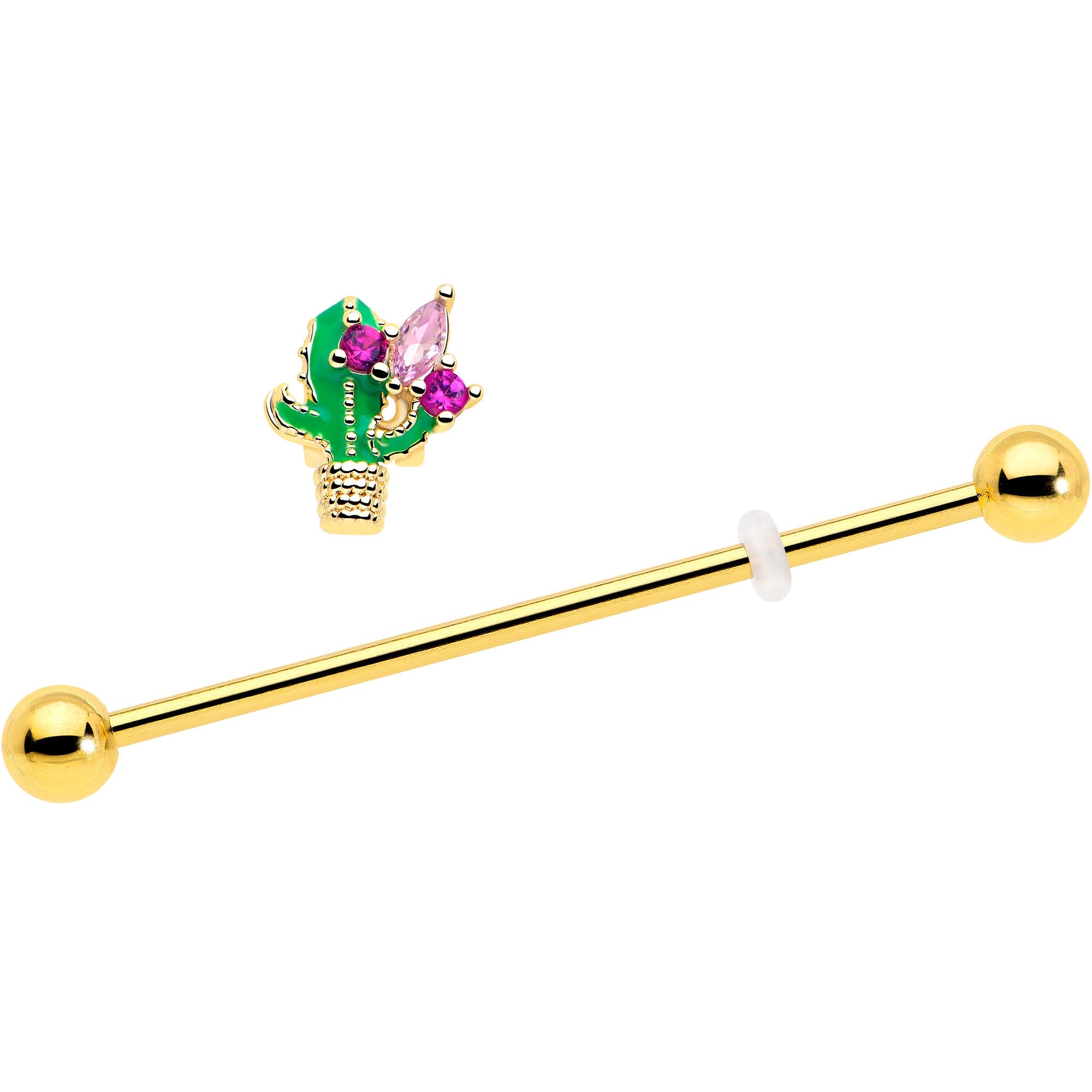 14G Pink CZ Gem Gold Tone Floral Cactus Industrial Barbell 38mm