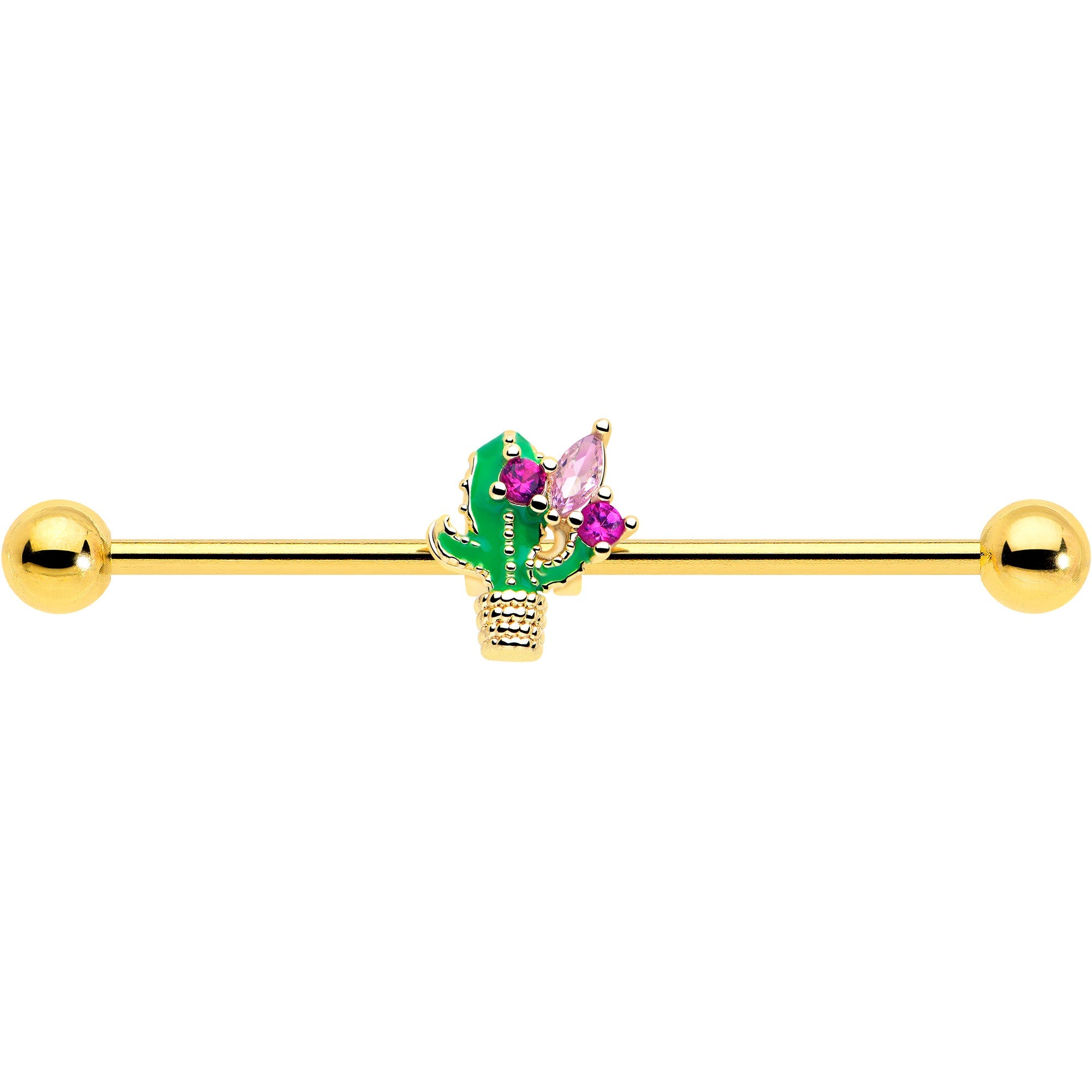 14G Pink CZ Gem Gold Tone Floral Cactus Industrial Barbell 38mm