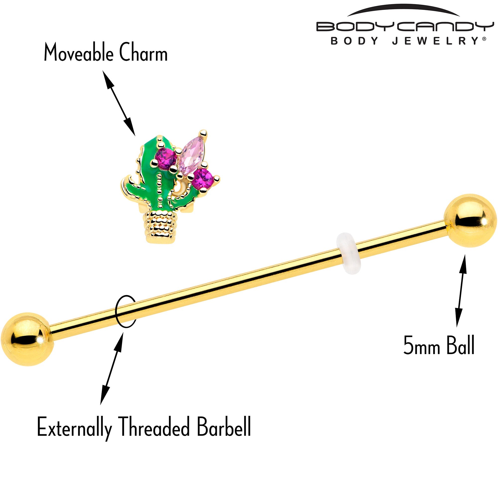 14G Pink CZ Gem Gold Tone Floral Cactus Industrial Barbell 38mm