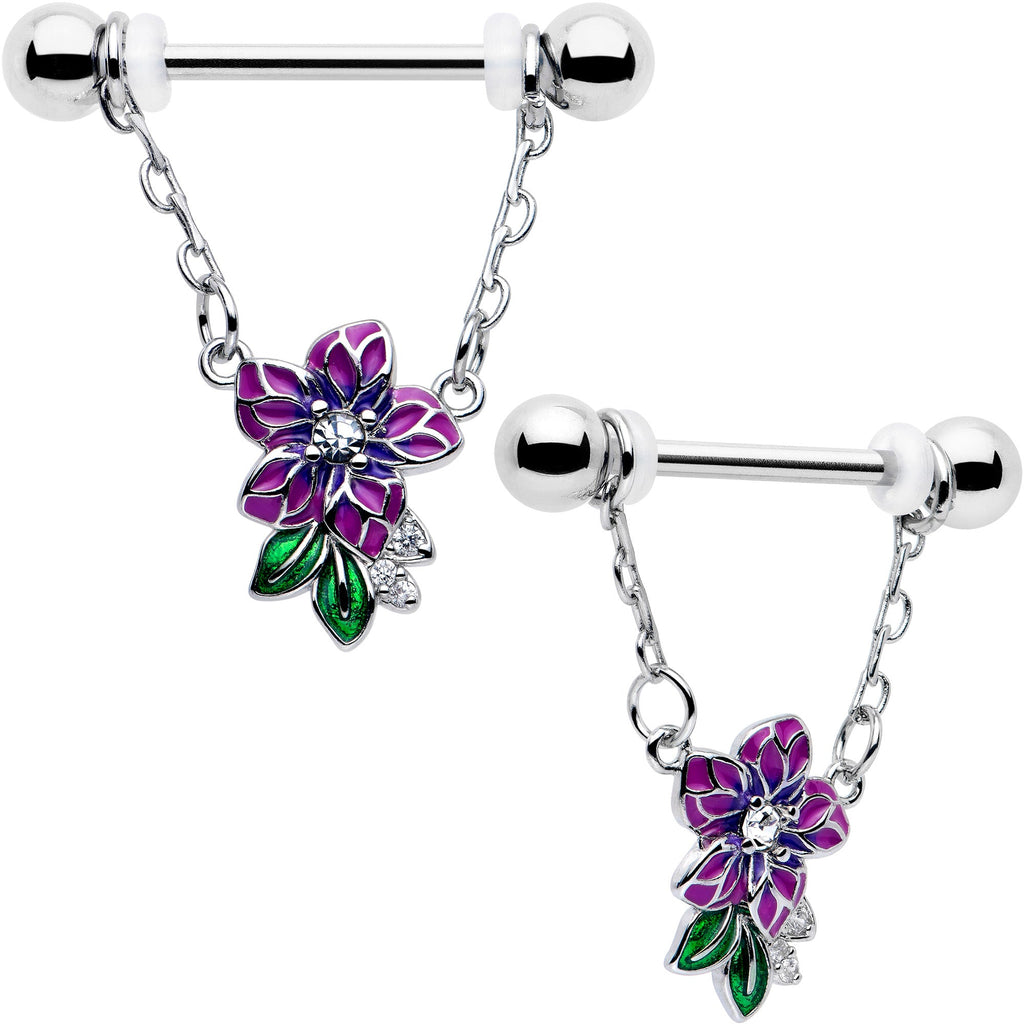 14G 9/16 Clear CZ Gem Flower Purple Chain Dangle Nipple Ring Set