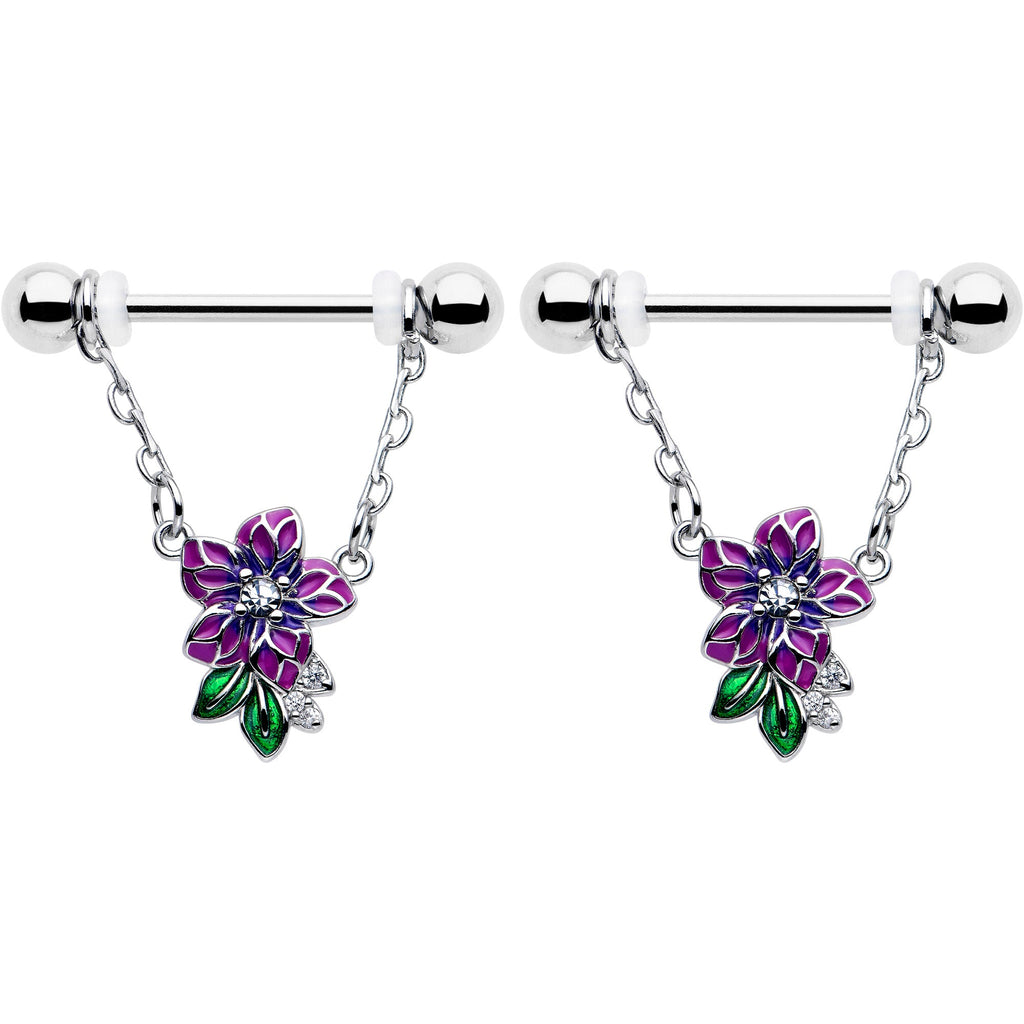 14G 9/16 Clear CZ Gem Flower Purple Chain Dangle Nipple Ring Set