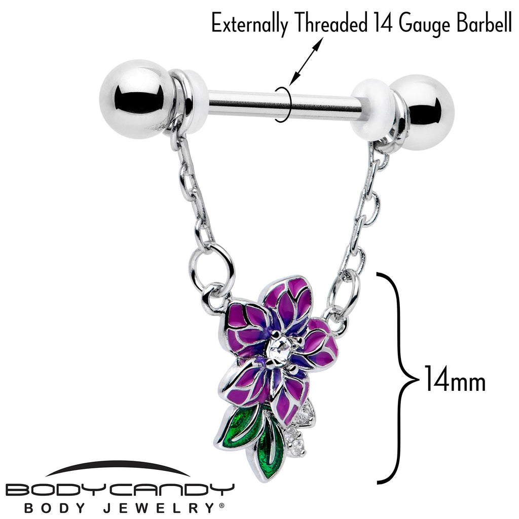 14G 9/16 Clear CZ Gem Flower Purple Chain Dangle Nipple Ring Set