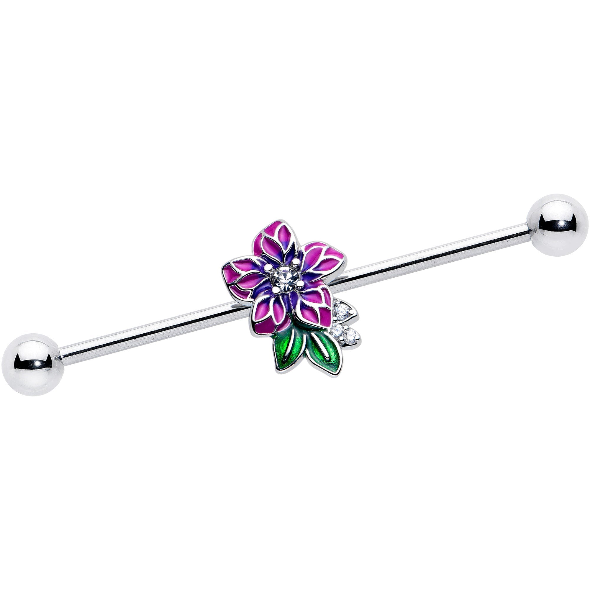14G Clear CZ Gem Flower Purple Industrial Barbell 38mm