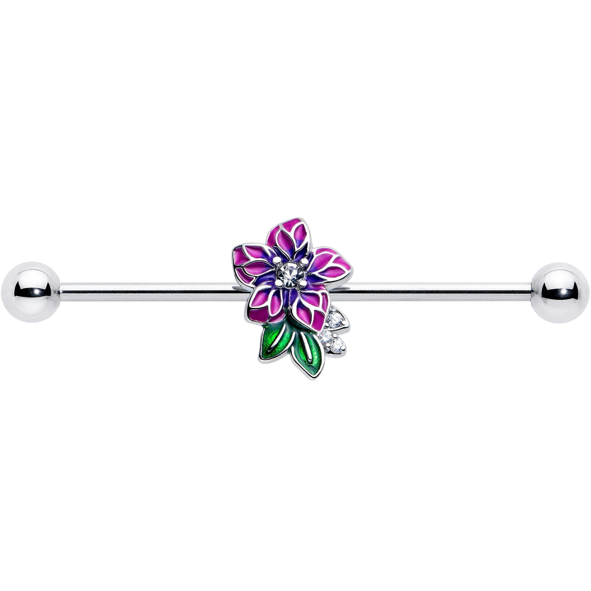 14G Clear CZ Gem Flower Purple Industrial Barbell 38mm