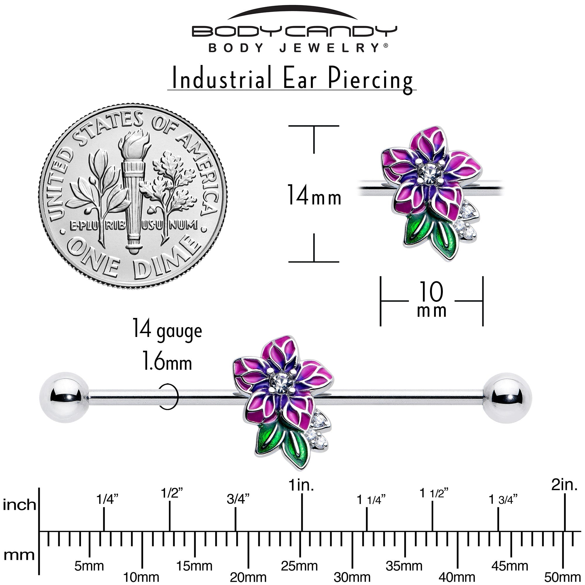 14G Clear CZ Gem Flower Purple Industrial Barbell 38mm
