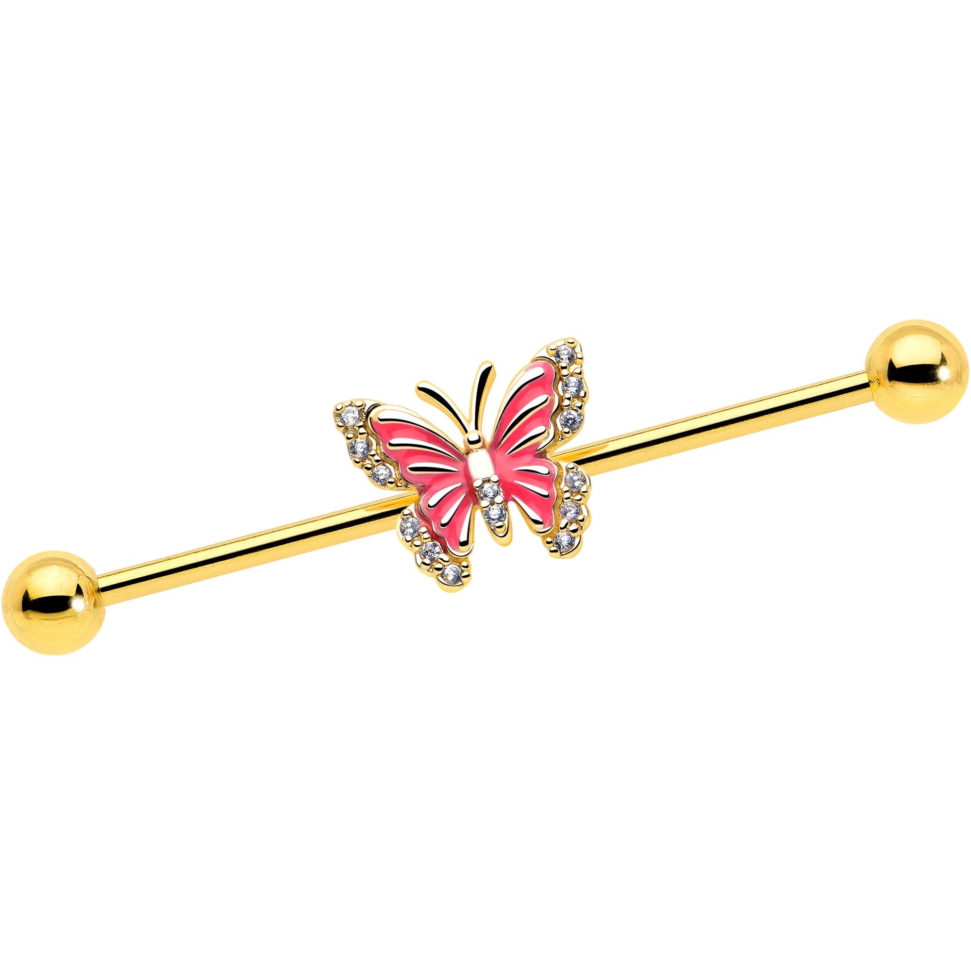 14G Clear CZ Gem Gold Tone Butterfly Pink Splash Industrial Barbell 38mm