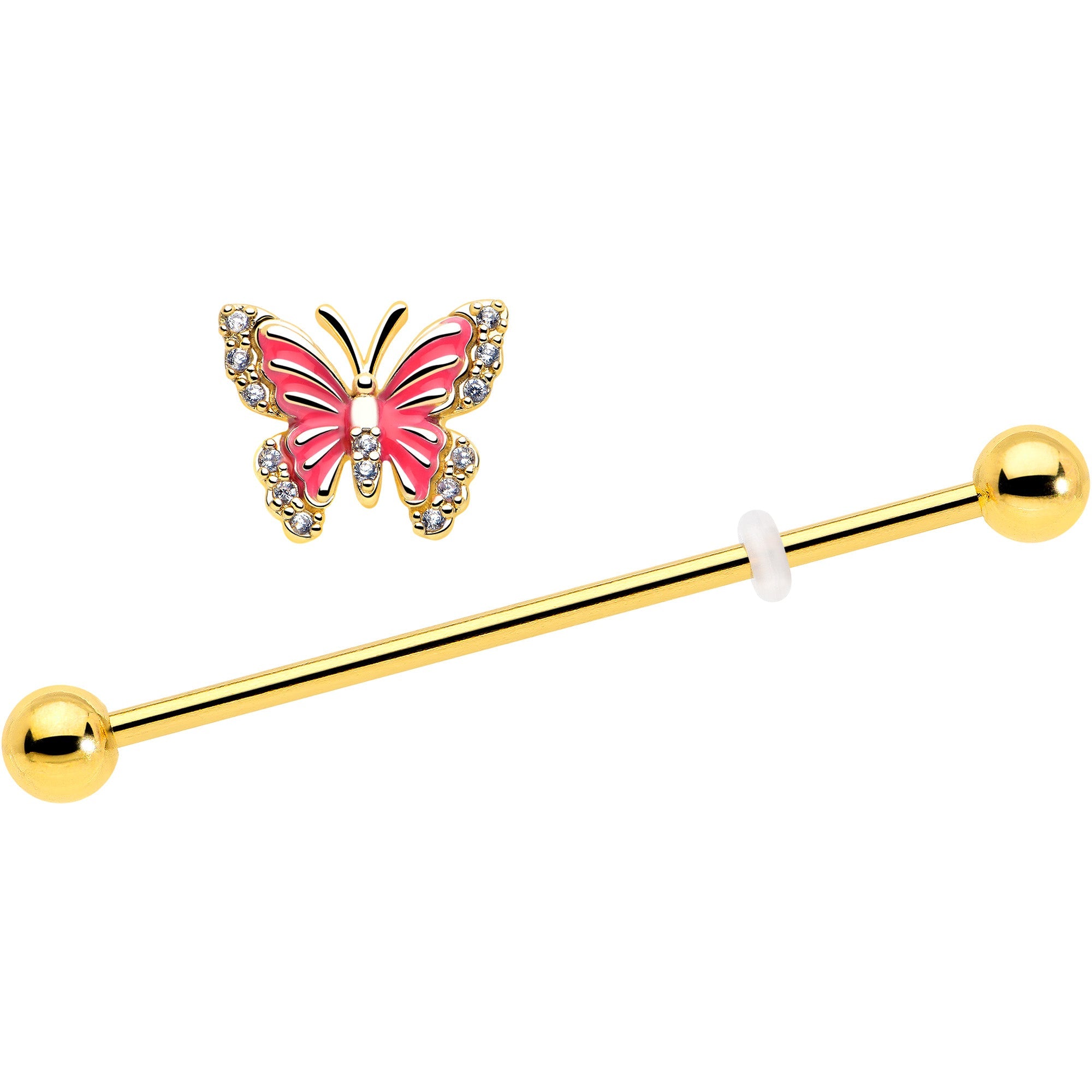 14G Clear CZ Gem Gold Tone Butterfly Pink Splash Industrial Barbell 38mm