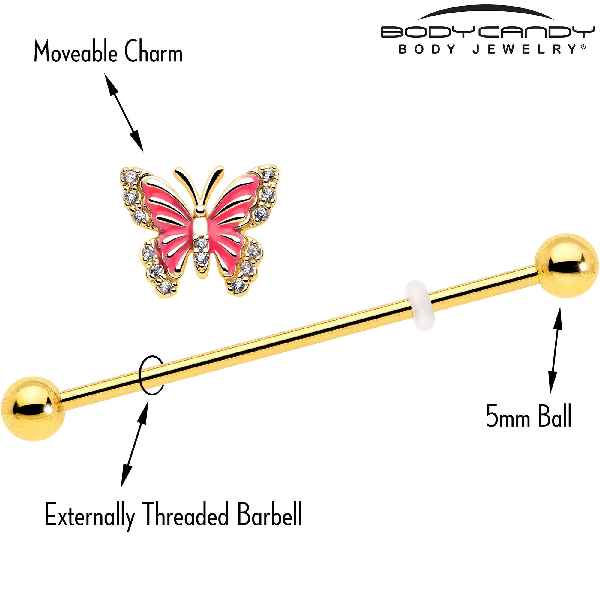 14G Clear CZ Gem Gold Tone Butterfly Pink Splash Industrial Barbell 38mm