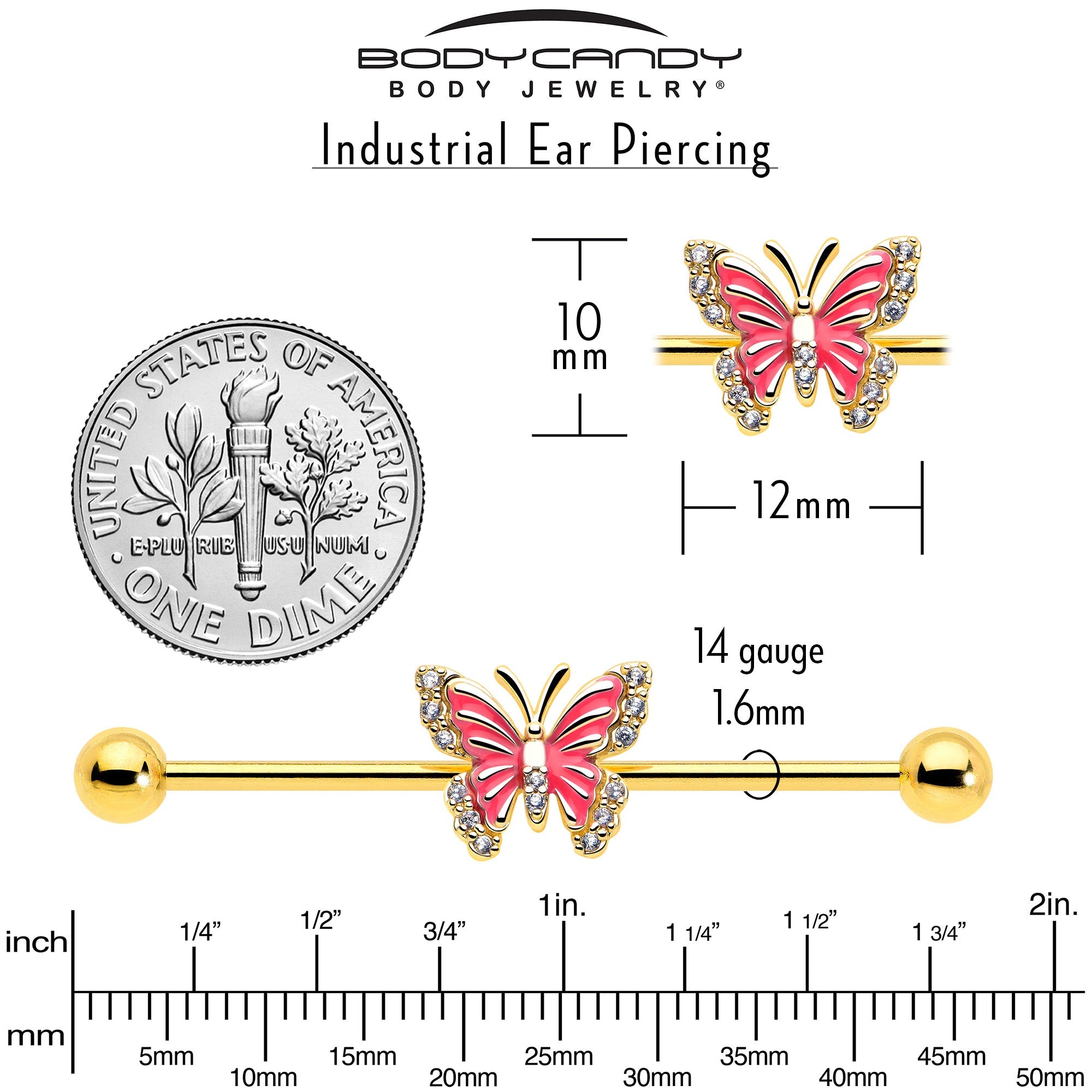 14G Clear CZ Gem Gold Tone Butterfly Pink Splash Industrial Barbell 38mm