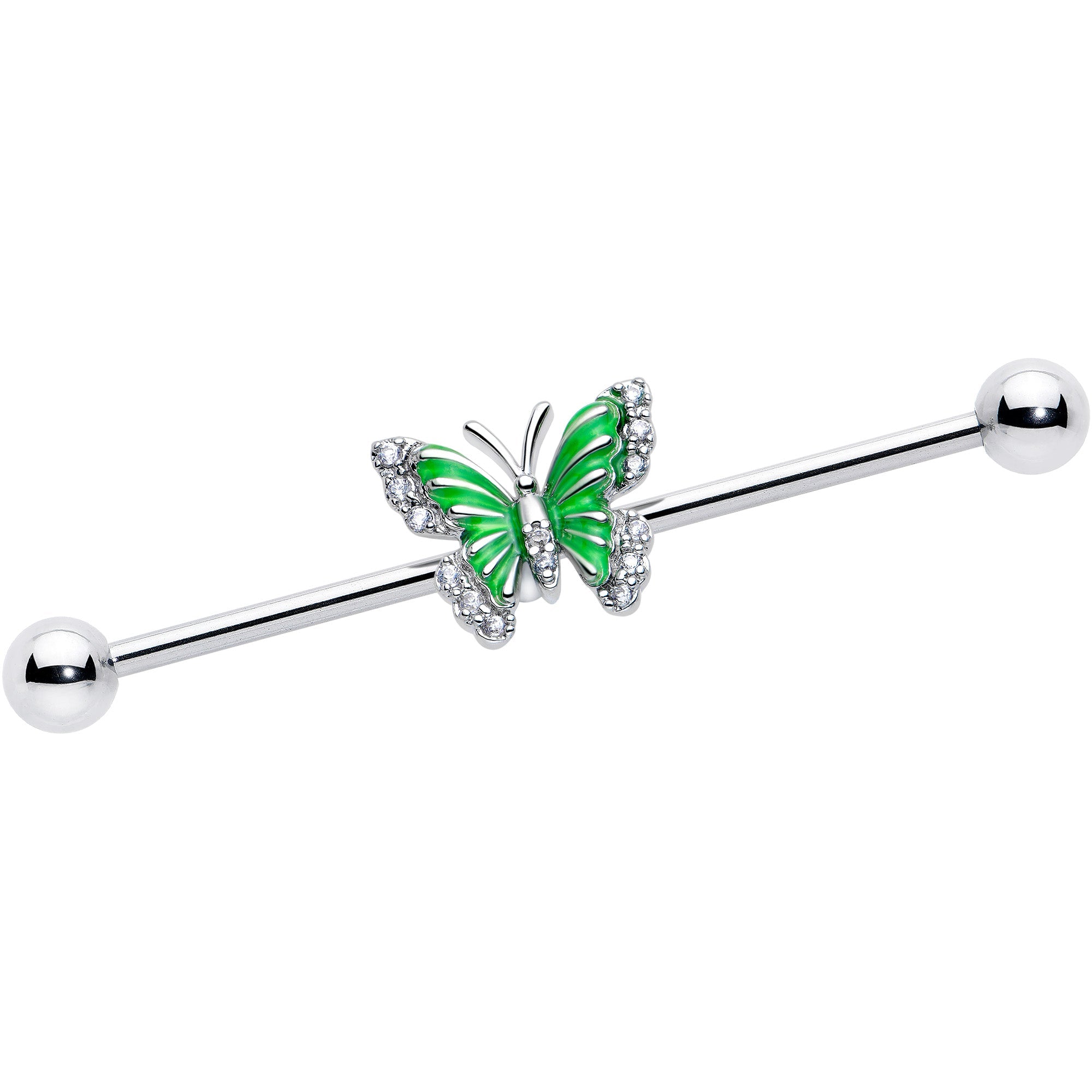14G Clear CZ Gem Butterfly Green Industrial Barbell 38mm