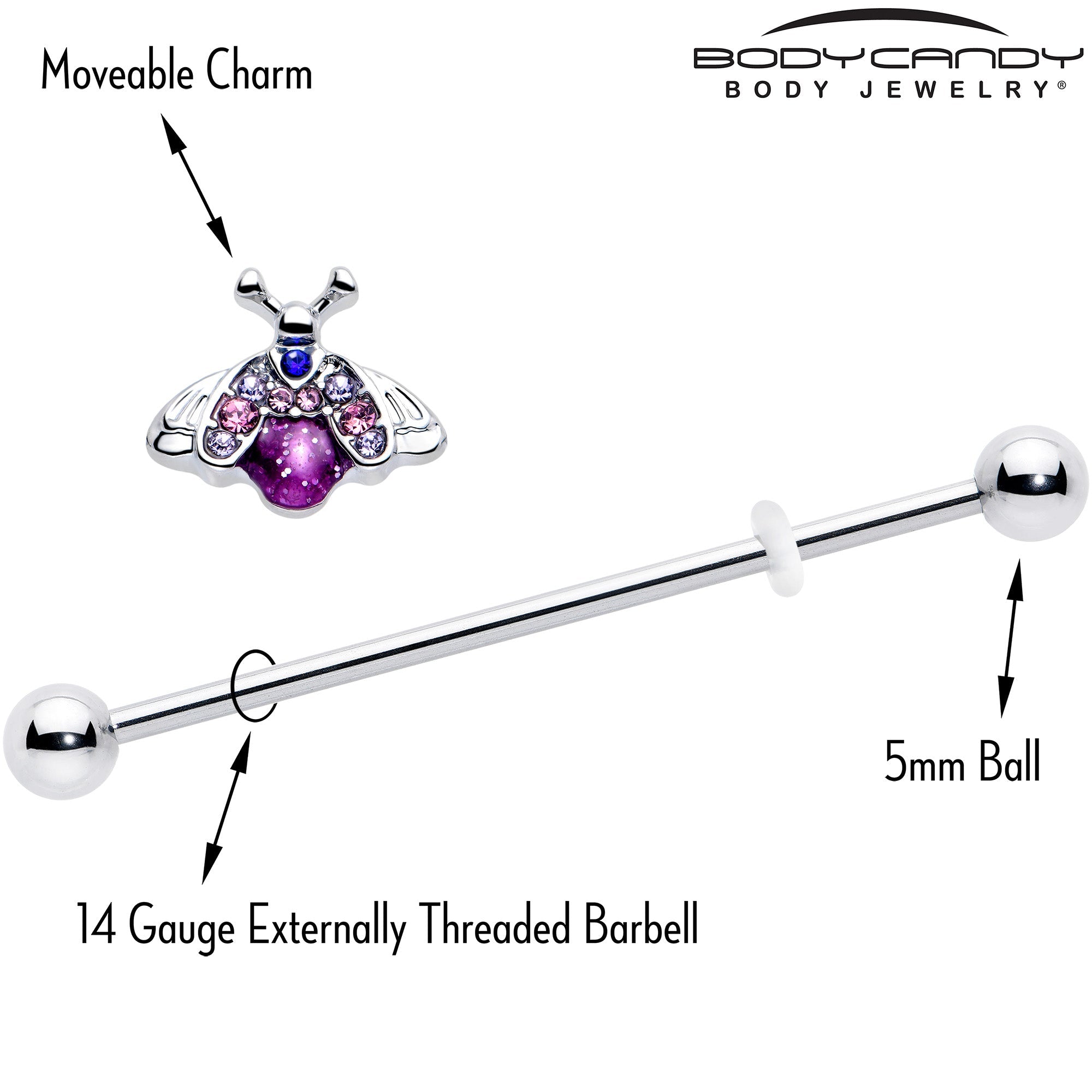 14G Pink Blue Gem Beautiful Insect Industrial Barbell 38mm