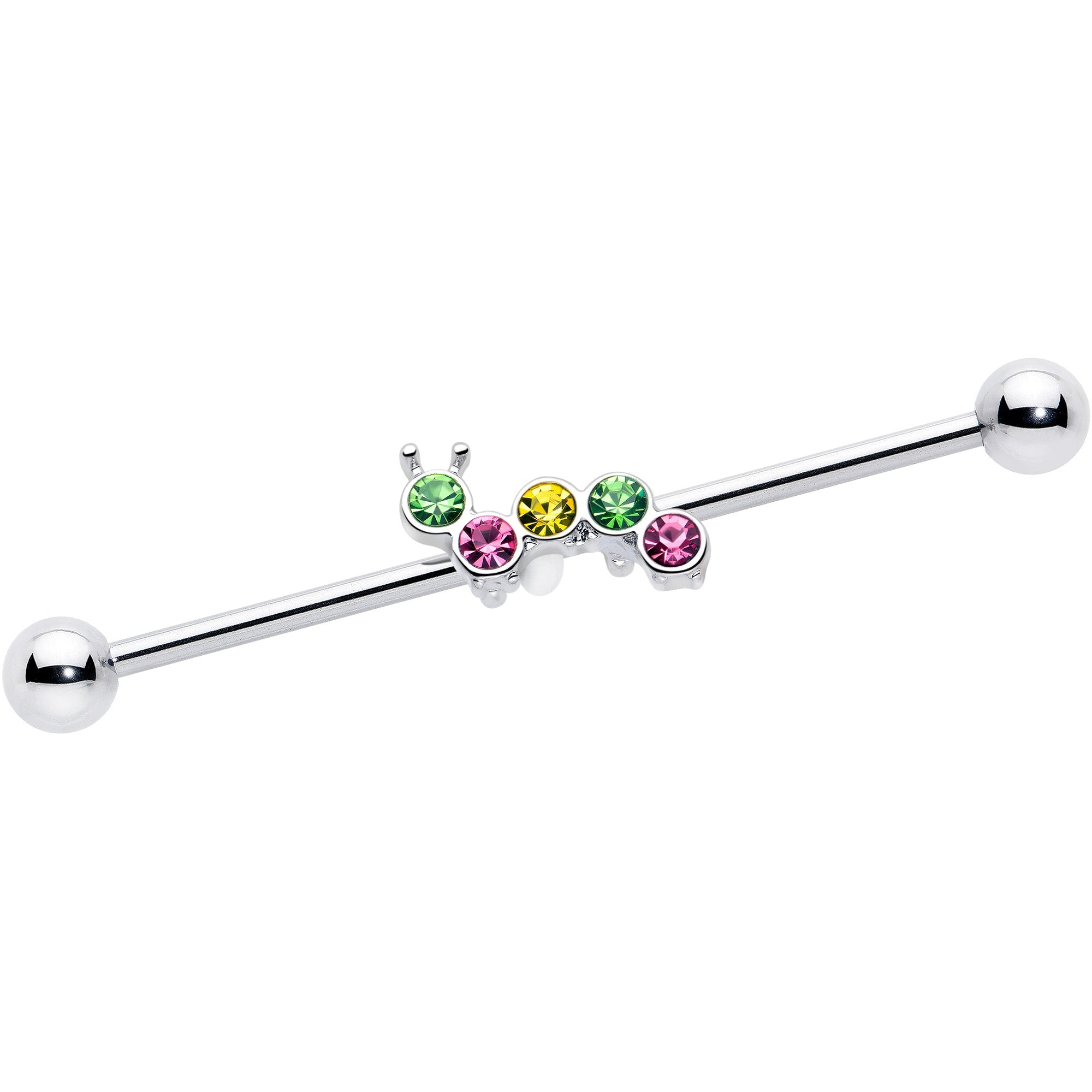 14G Green Pink Gem Caterpillar Industrial Barbell 38mm