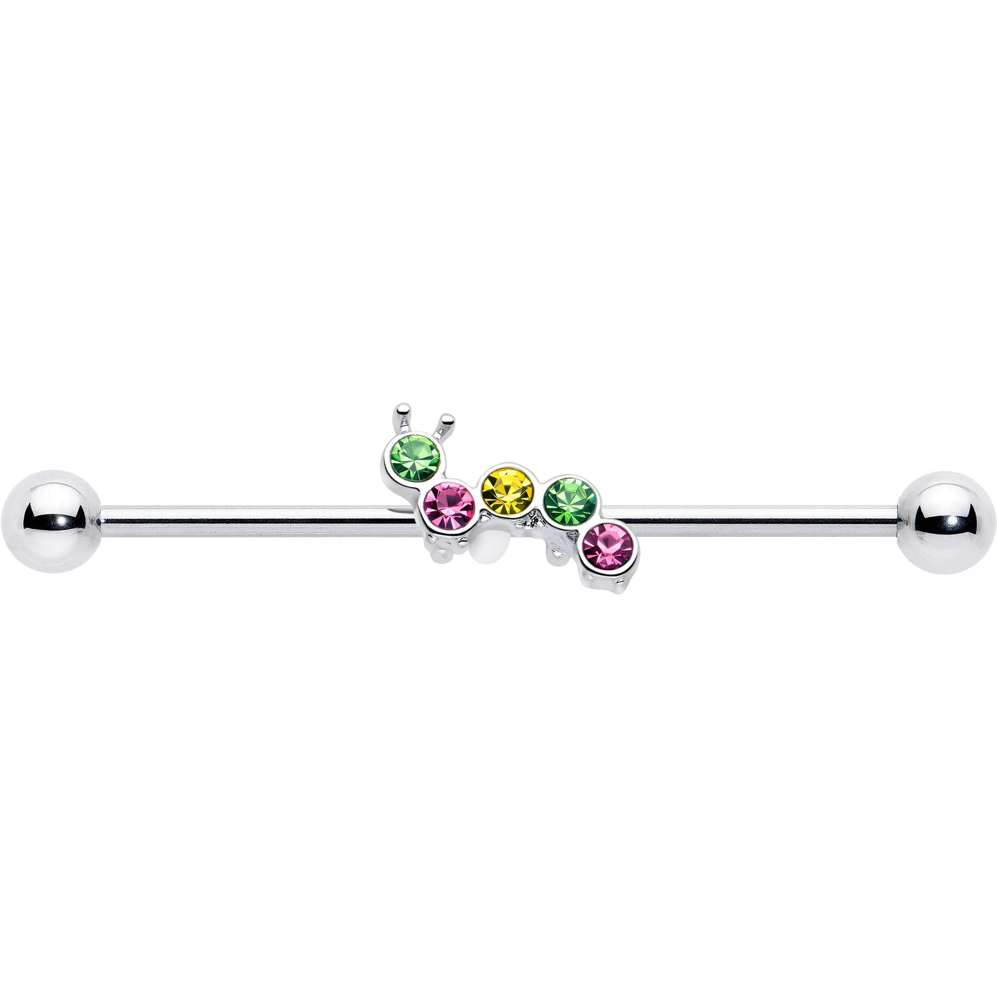 14G Green Pink Gem Caterpillar Industrial Barbell 38mm