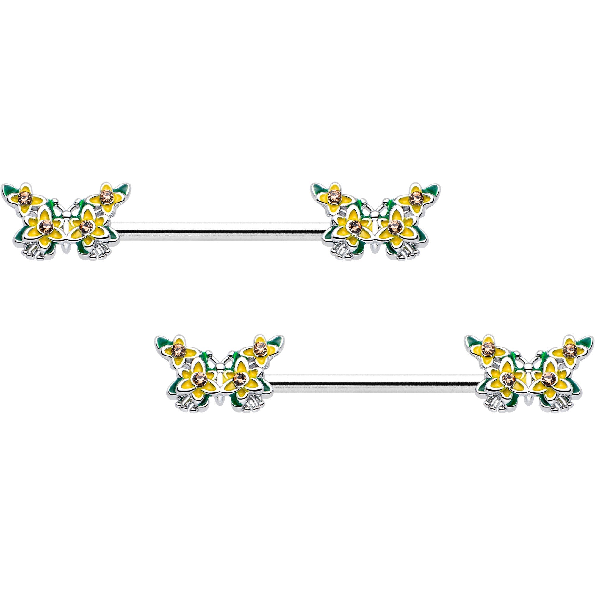 14G 9/16 Yellow CZ Gem Blooming Butterfly Barbell Nipple Ring Set