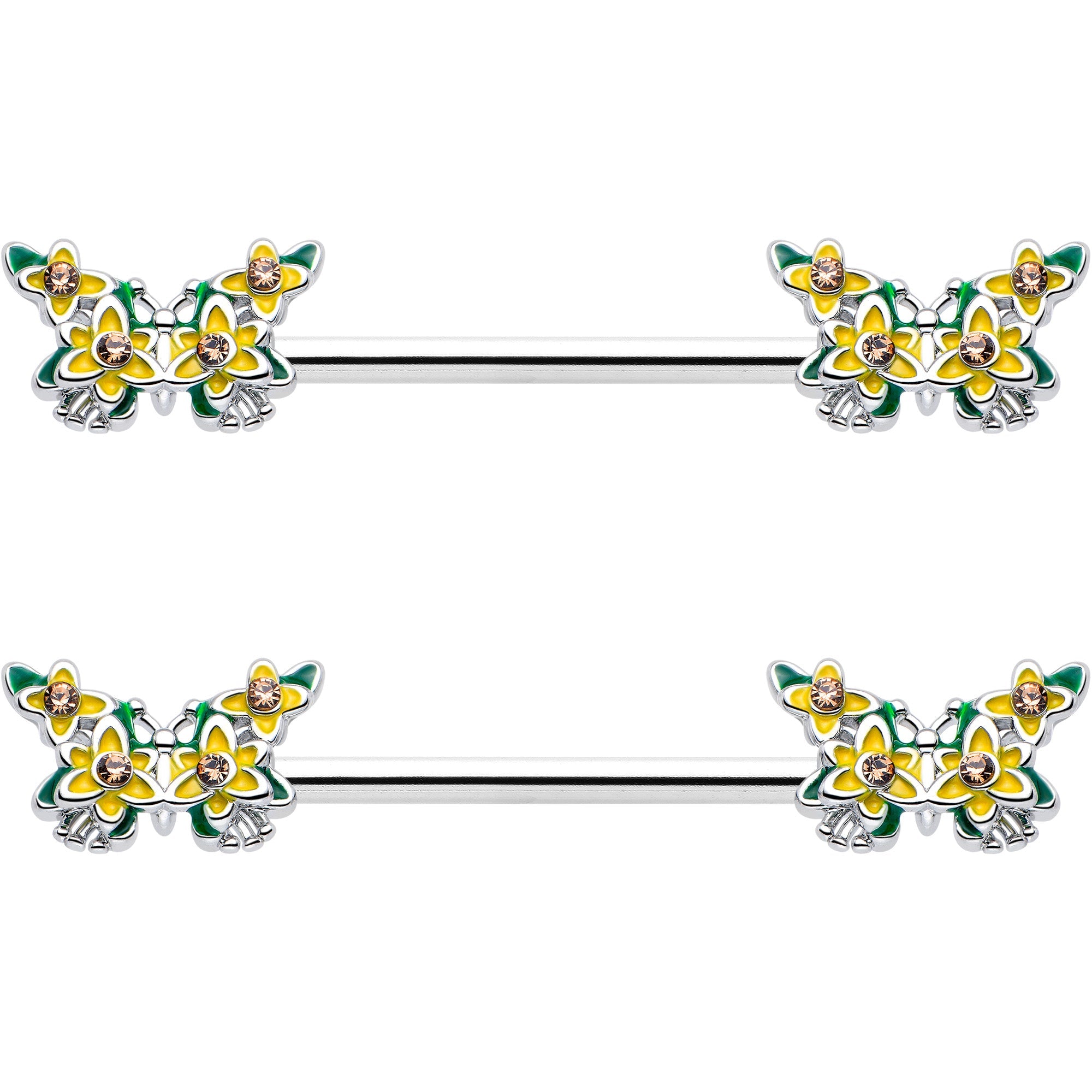 14G 9/16 Yellow CZ Gem Blooming Butterfly Barbell Nipple Ring Set