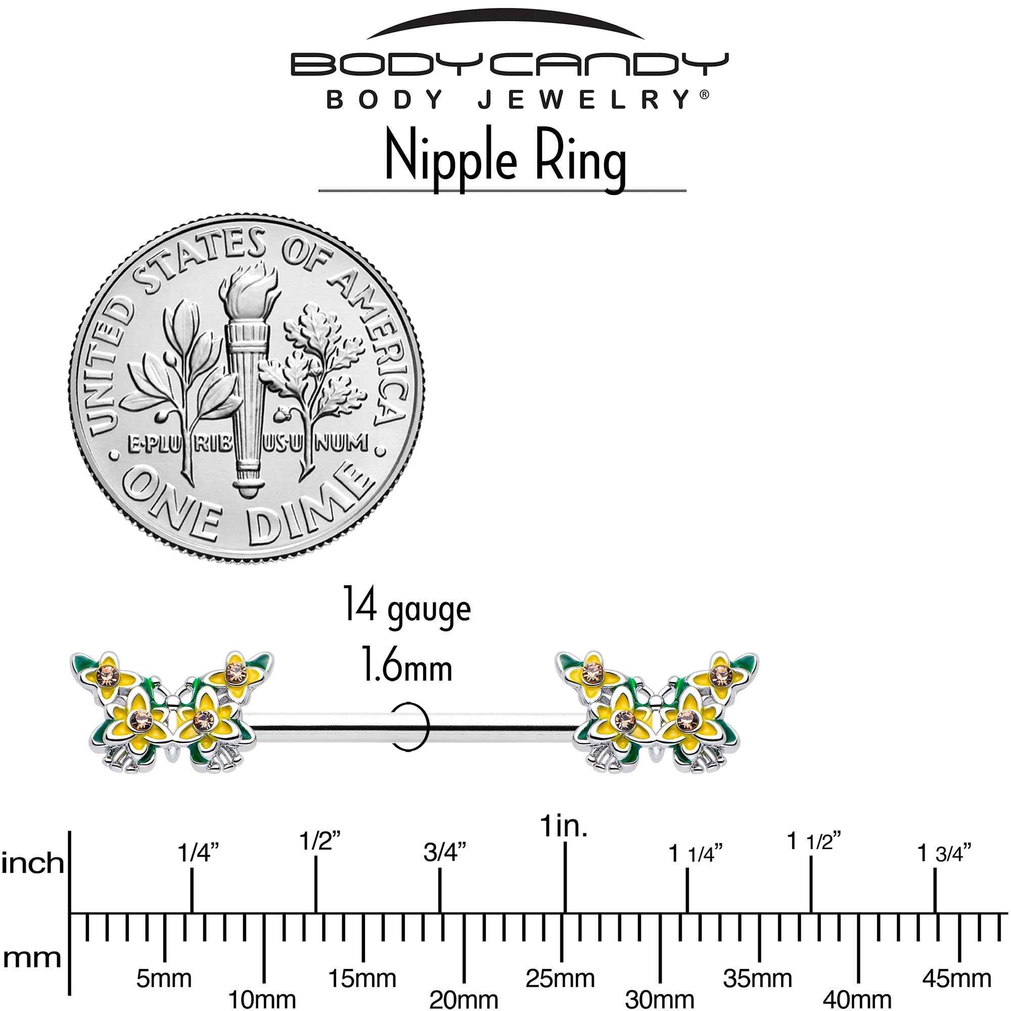 14G 9/16 Yellow CZ Gem Blooming Butterfly Barbell Nipple Ring Set