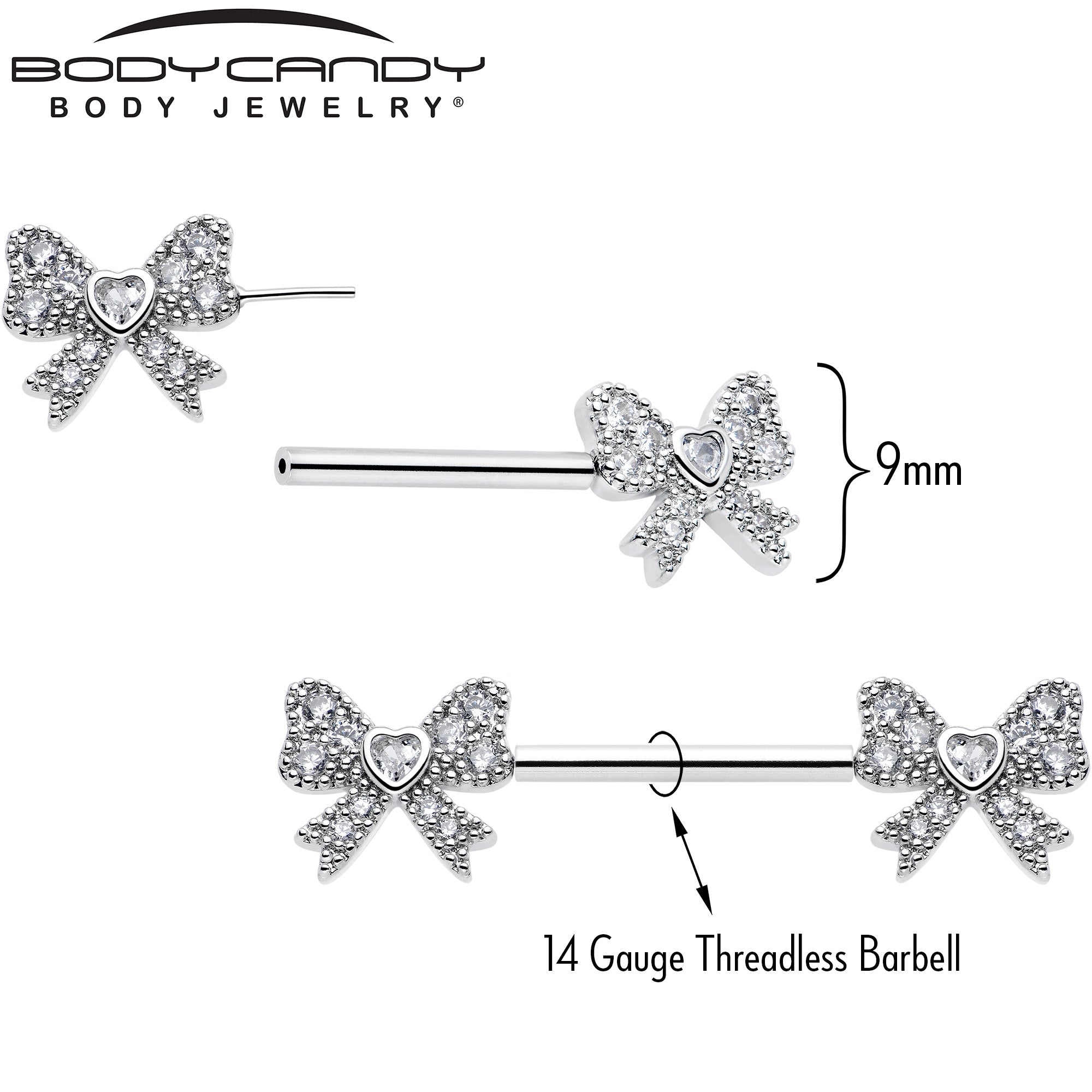 14G 9/16 CZ Dazzling Bow Threadless Nipple Ring Set