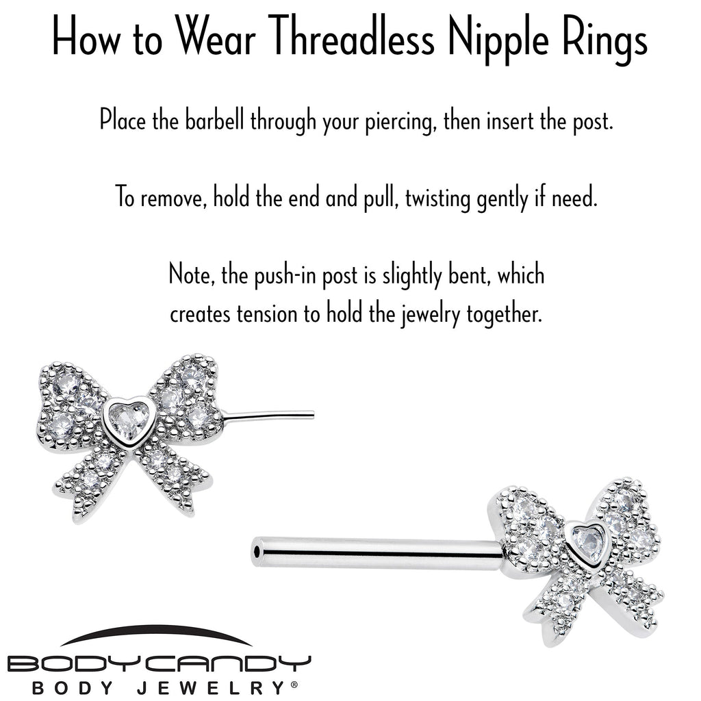 14G 9/16 CZ Dazzling Bow Threadless Nipple Ring Set