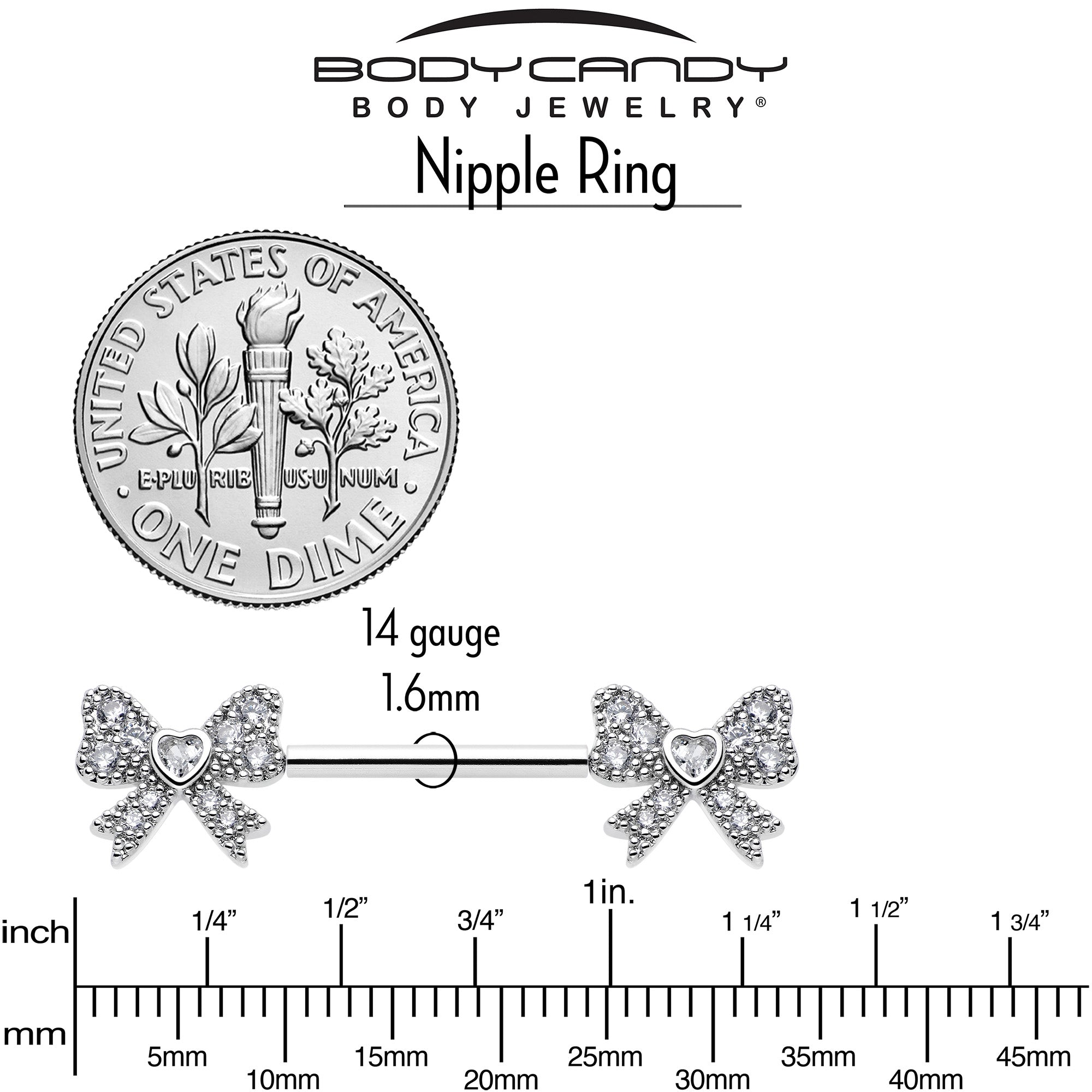 14G 9/16 CZ Dazzling Bow Threadless Nipple Ring Set