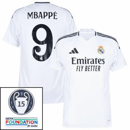 Real Madrid Mbappé 9 Home Fan Jersey 2024/25 Patches UCL UEFA Foundation (Official Printing)
